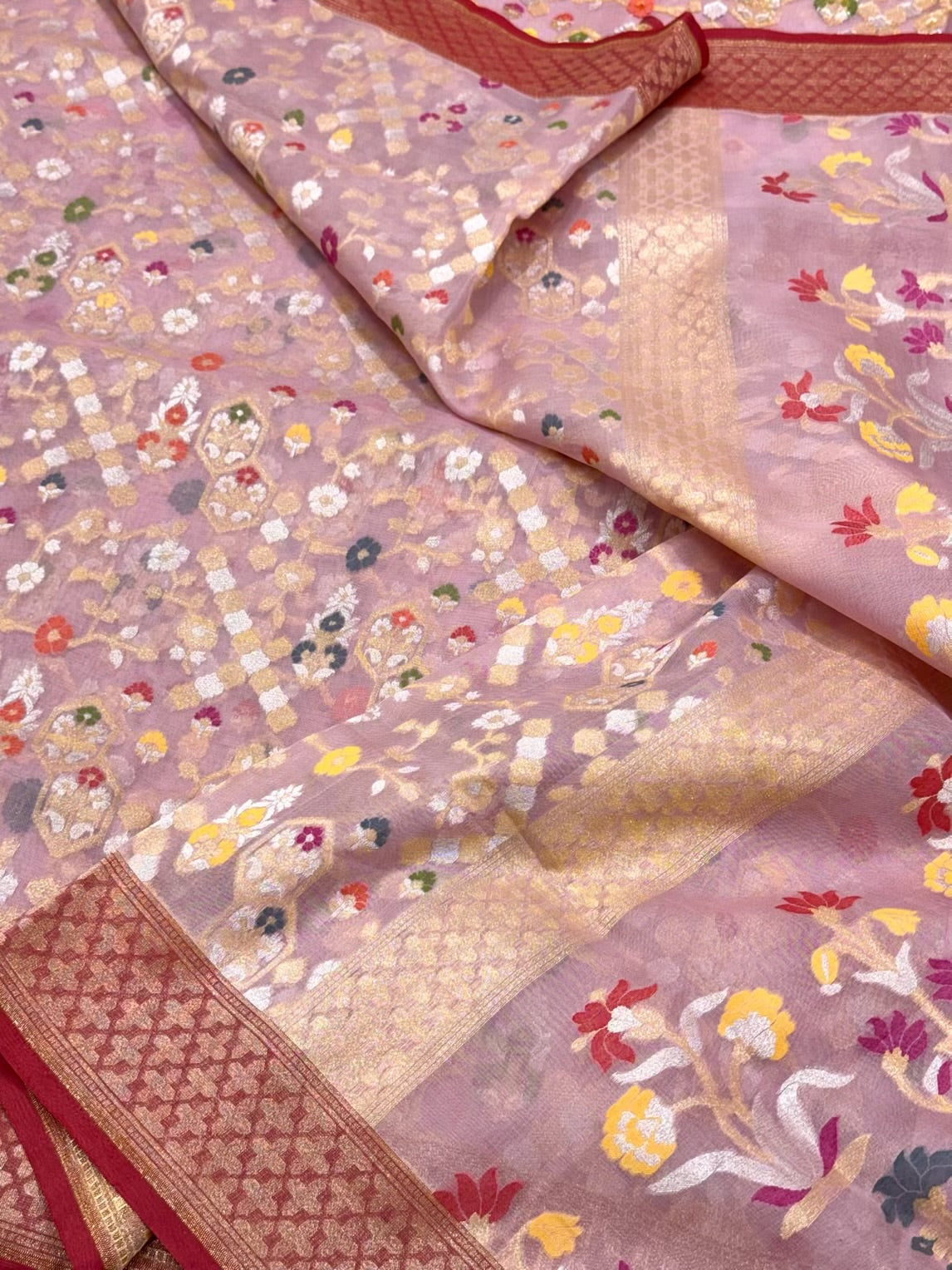 Mauve Pink Pure Soft Kora Silk Handloom Banarasi Saree - Ektara Weave