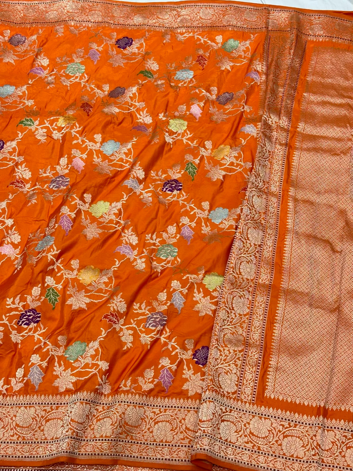 Orange Premium Banarasi Handwoven | Kadhwa Technique | Pure Double Katan Mulberry Silk Saree