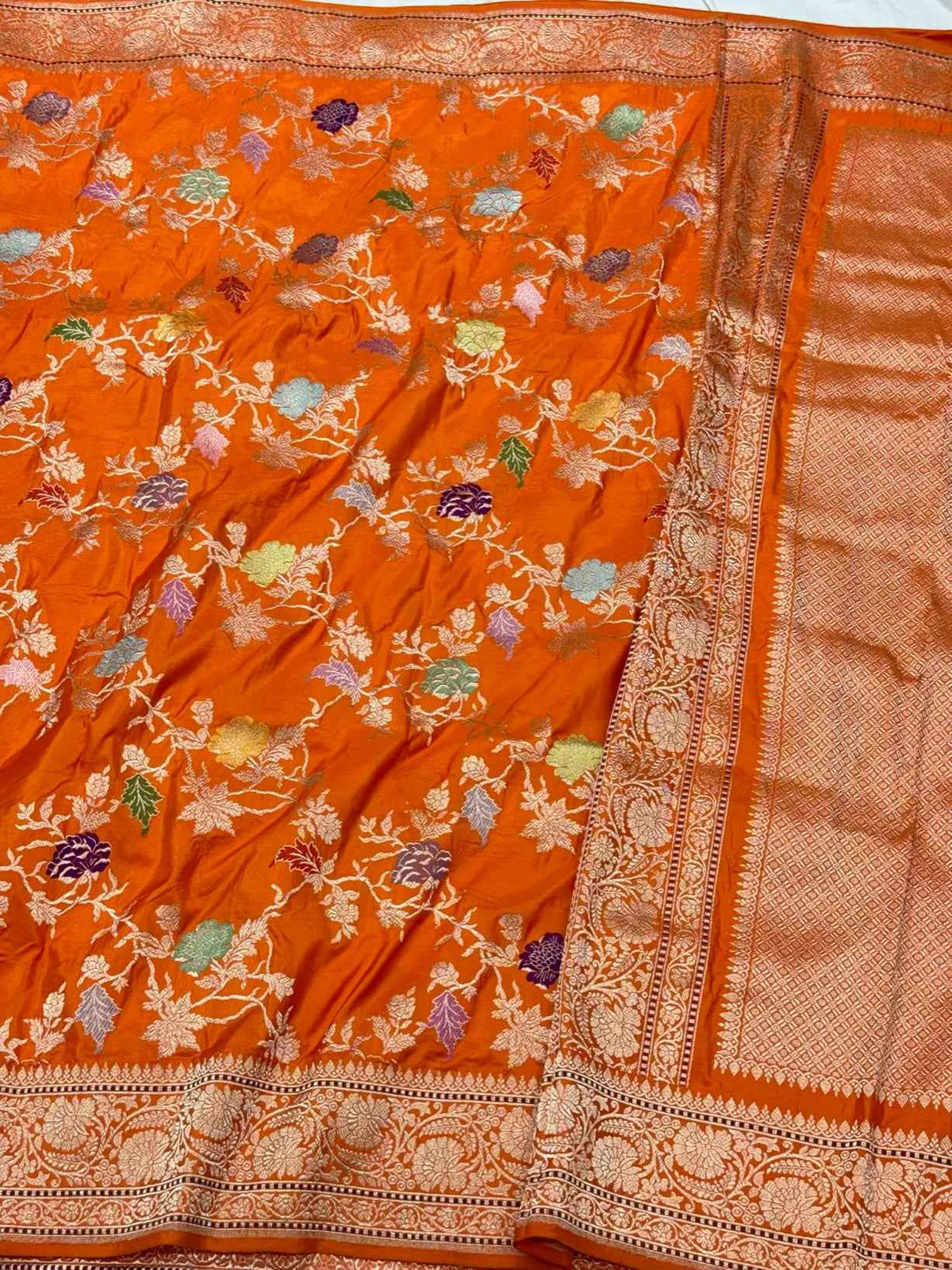 Orange Premium Banarasi Handwoven | Kadhwa Technique | Pure Double Katan Mulberry Silk Saree
