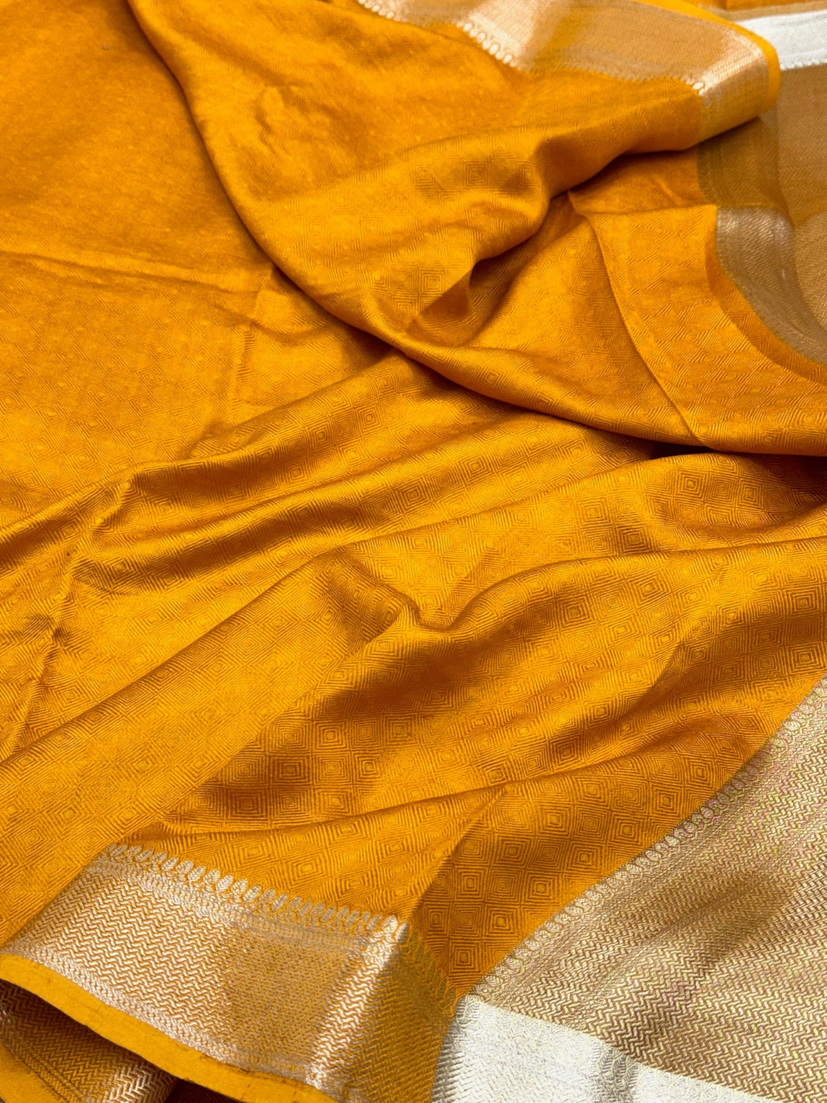 Tangerine Orange Yellow Pure Mulberry Chiniya Silk Handwoven Saree