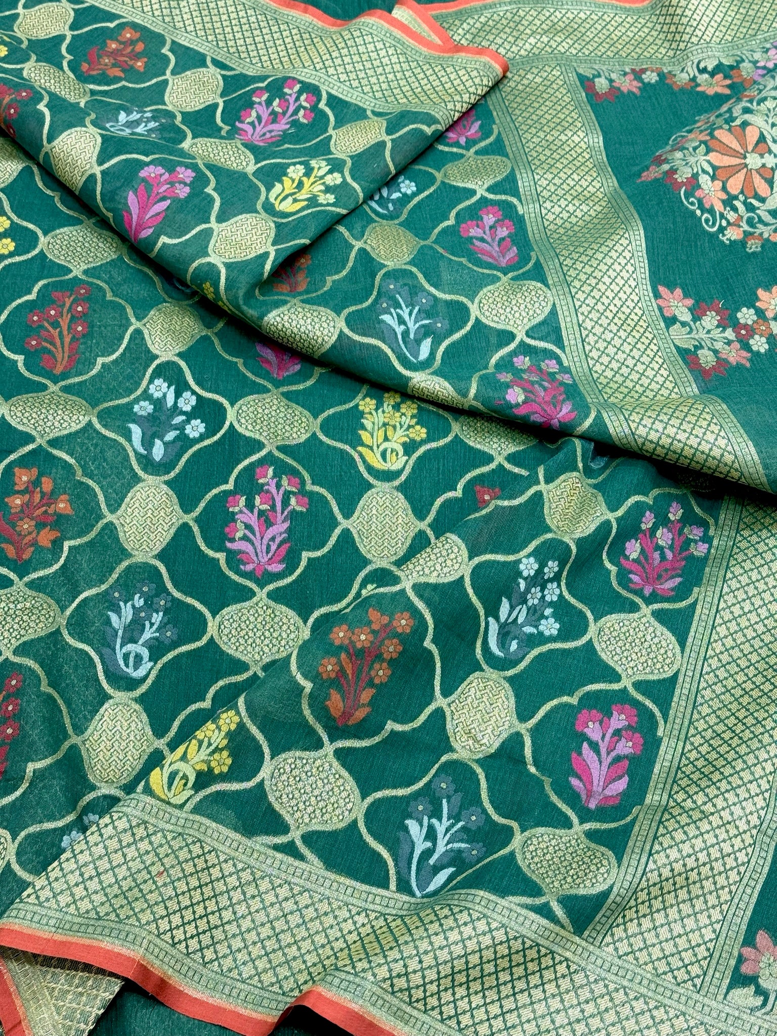 Emerald Green Pure Muslin Cotton Jamdani Ektara Weave Handloom Banarasi Saree