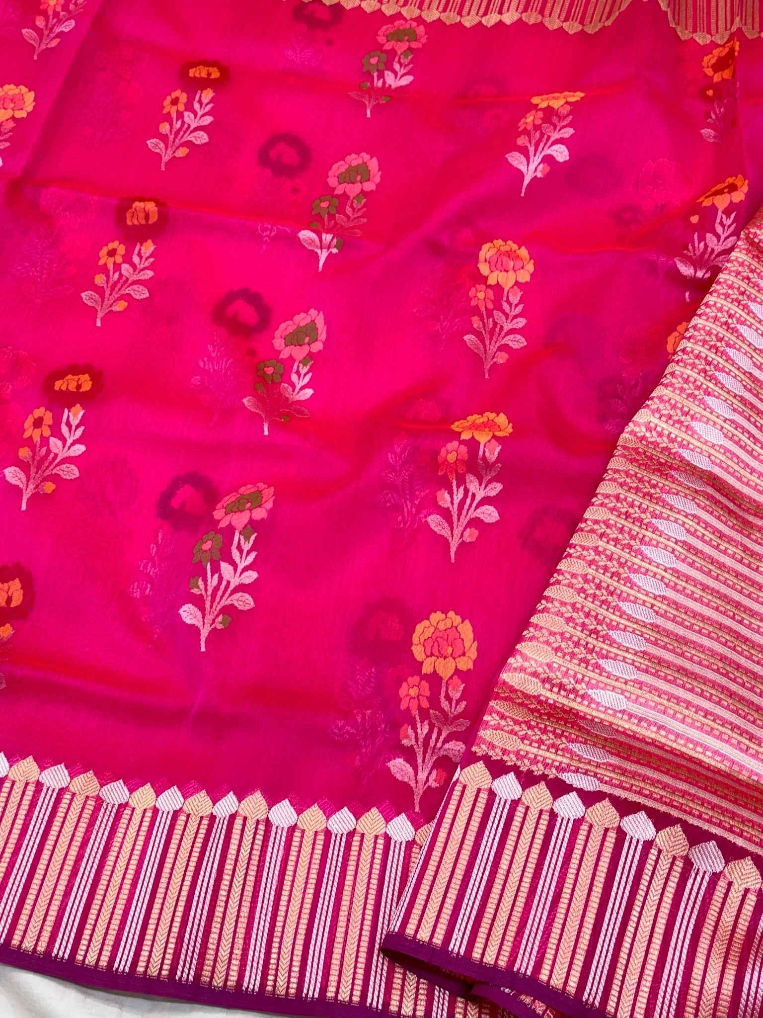 Peach Pink Pure Kora Organza Silk Handwoven Banarasi Saree