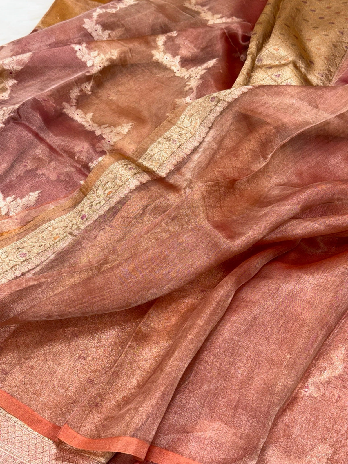 Peach Pure Mulberry Tissue Silk Handwoven Banarasi Saree |Ektara Weave|
