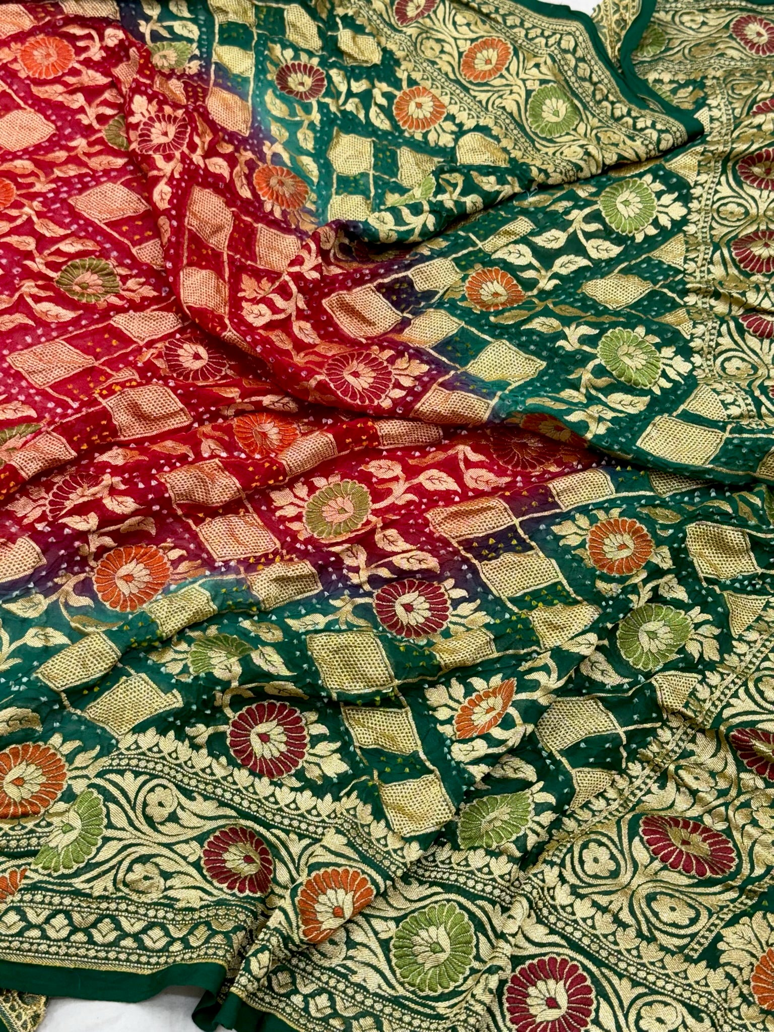 Bottle Green Pure Chiffon Georgette Handloom Banarasi Bandhej Soft Drape Lightweight Banarasi Saree