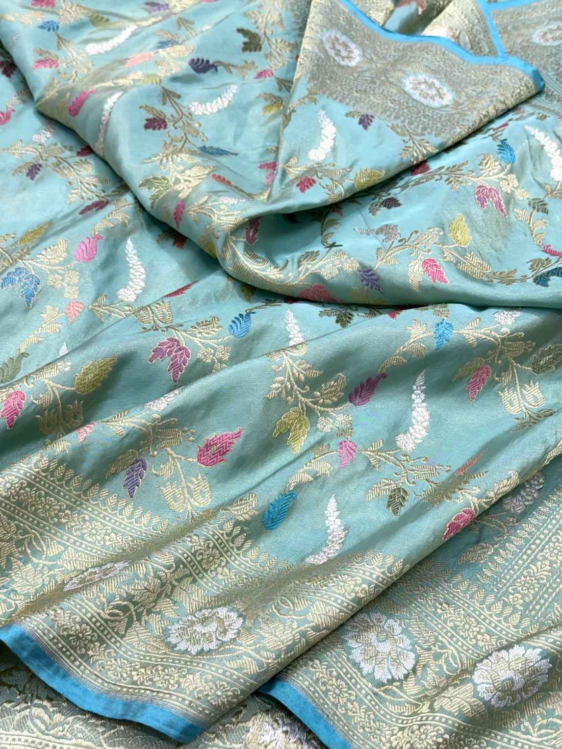 Turquoise Blue Pure Katan Silk Saree - Pure Tissue Silk Handwoven Saree | Premium Kadhwa Weave Banarasi Silk Saree