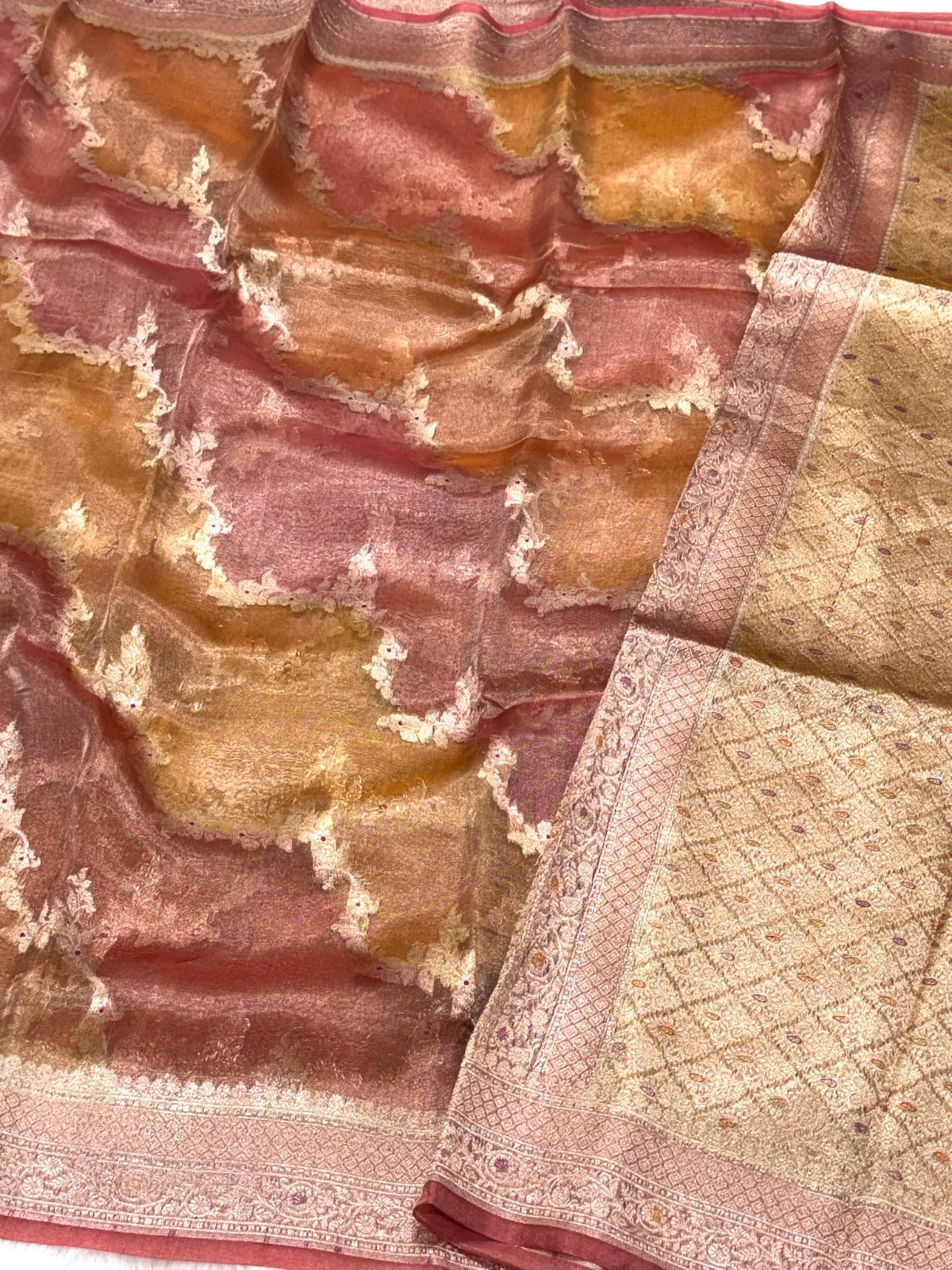 Peach Pure Mulberry Tissue Silk Handwoven Banarasi Saree |Ektara Weave|