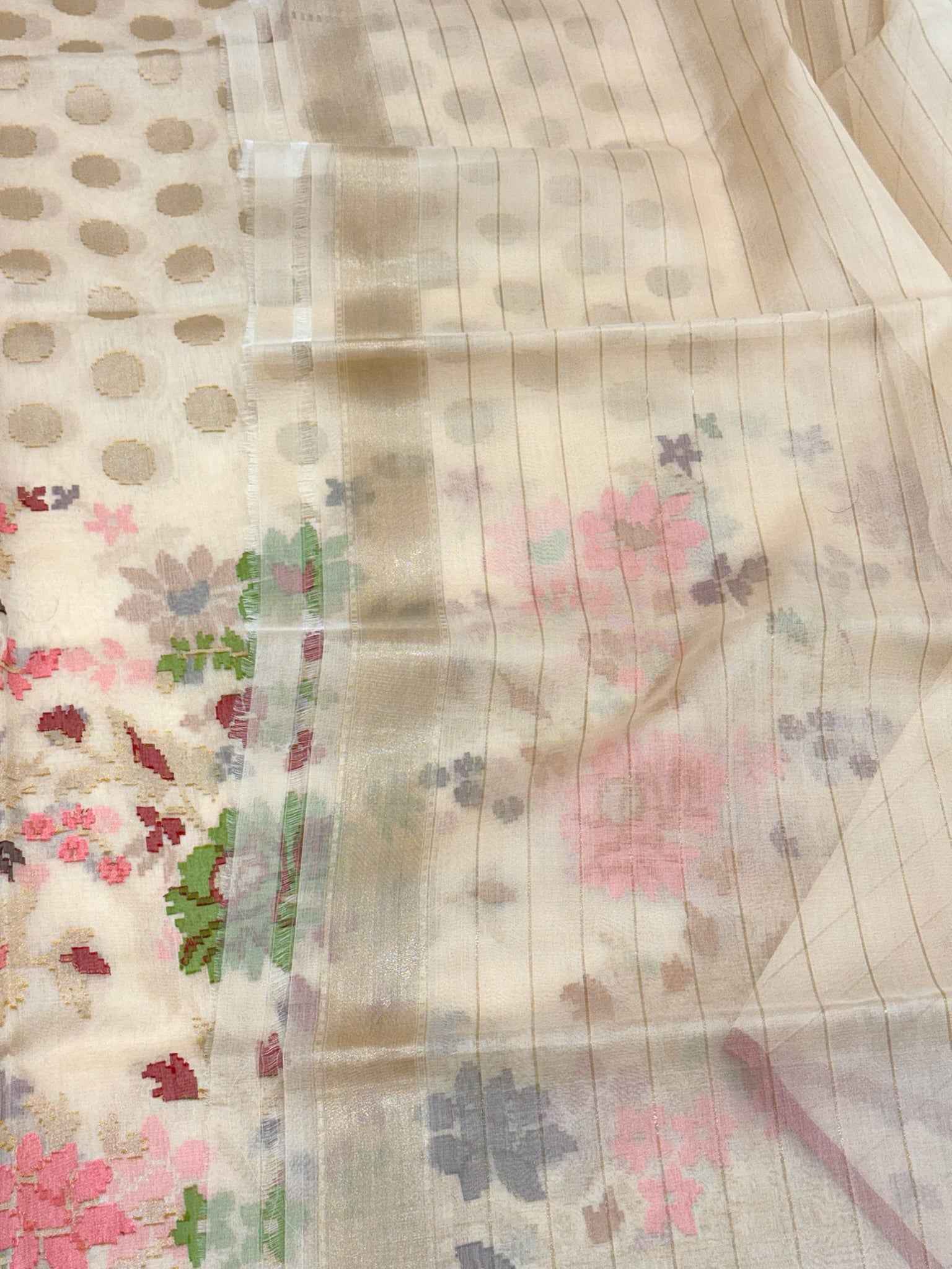 Ivory Pure Kora Organza Silk Handwoven Banarasi Saree |Lightweight|