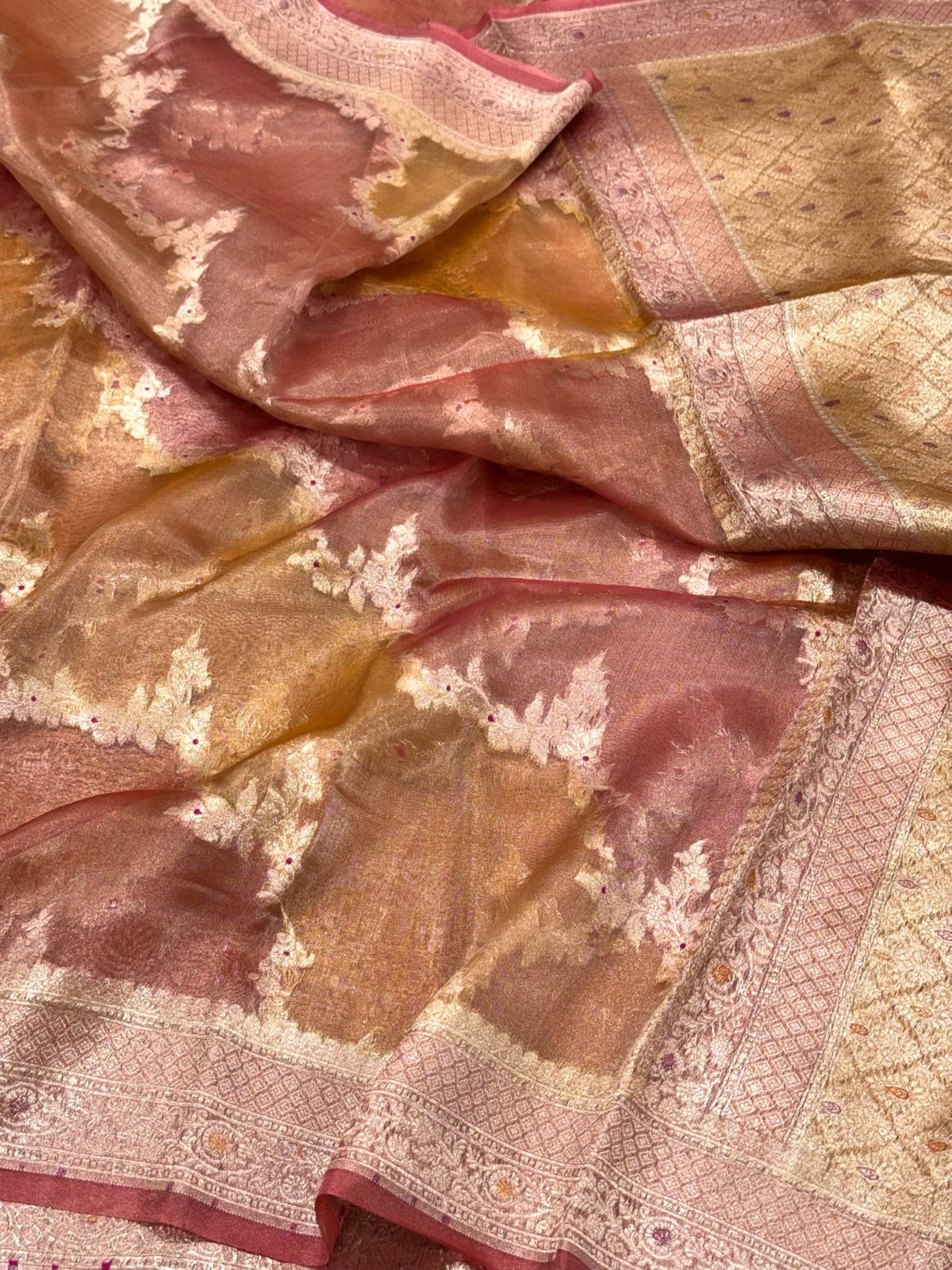 Peach Pure Mulberry Tissue Silk Handwoven Banarasi Saree |Ektara Weave|