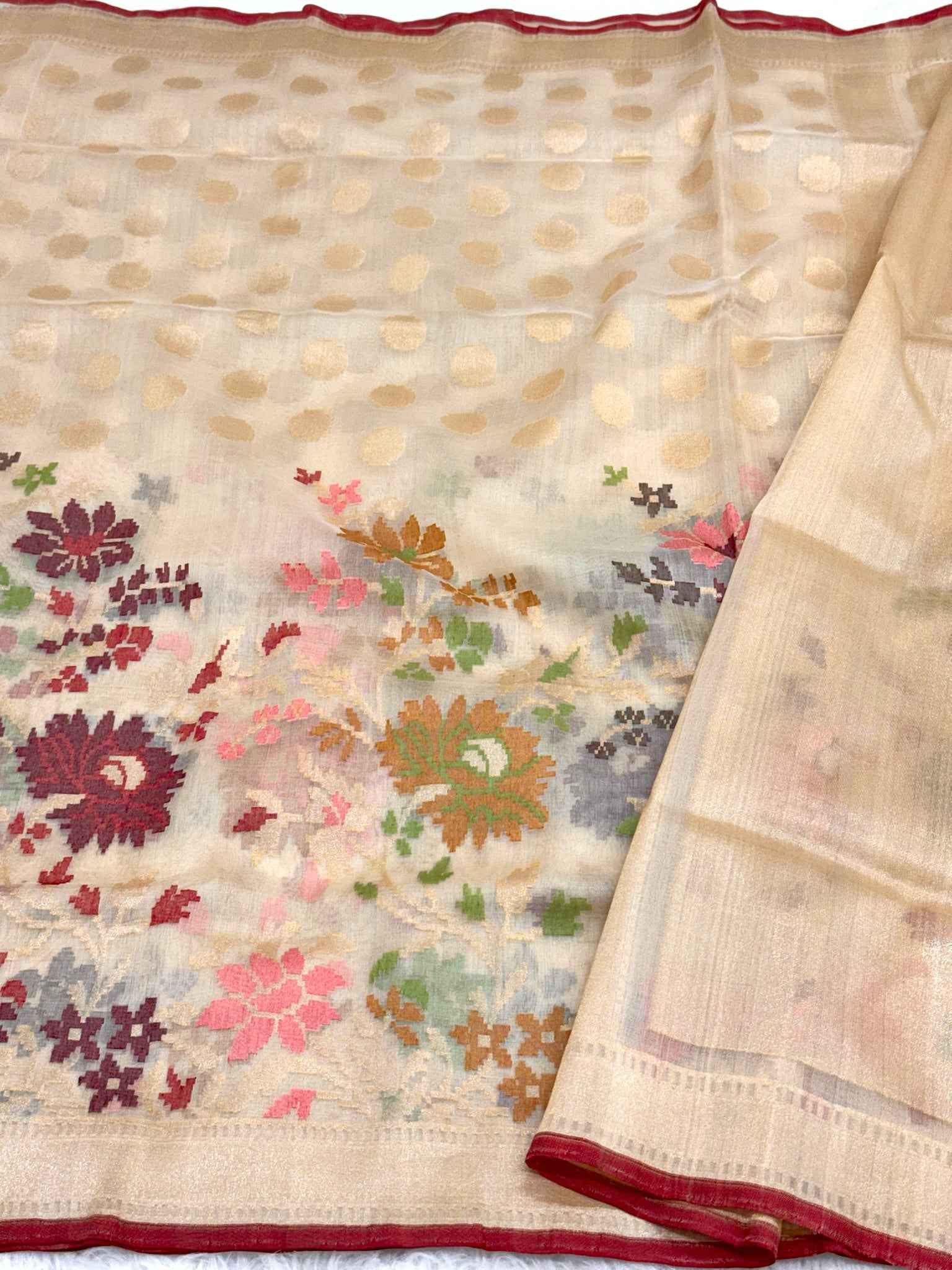 Ivory Pure Kora Organza Silk Handwoven Banarasi Saree |Lightweight|