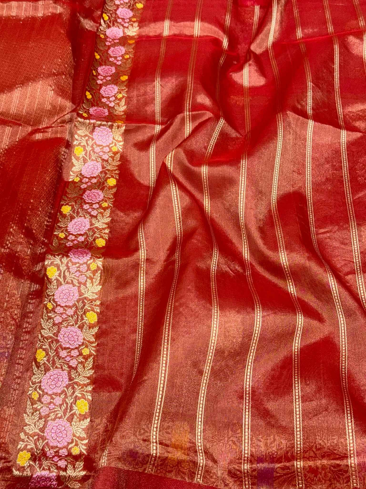 Onion Pink Pure Kora Tissue Silk Handwoven Banarasi Silk Saree | Katan Silk Border & Blouse