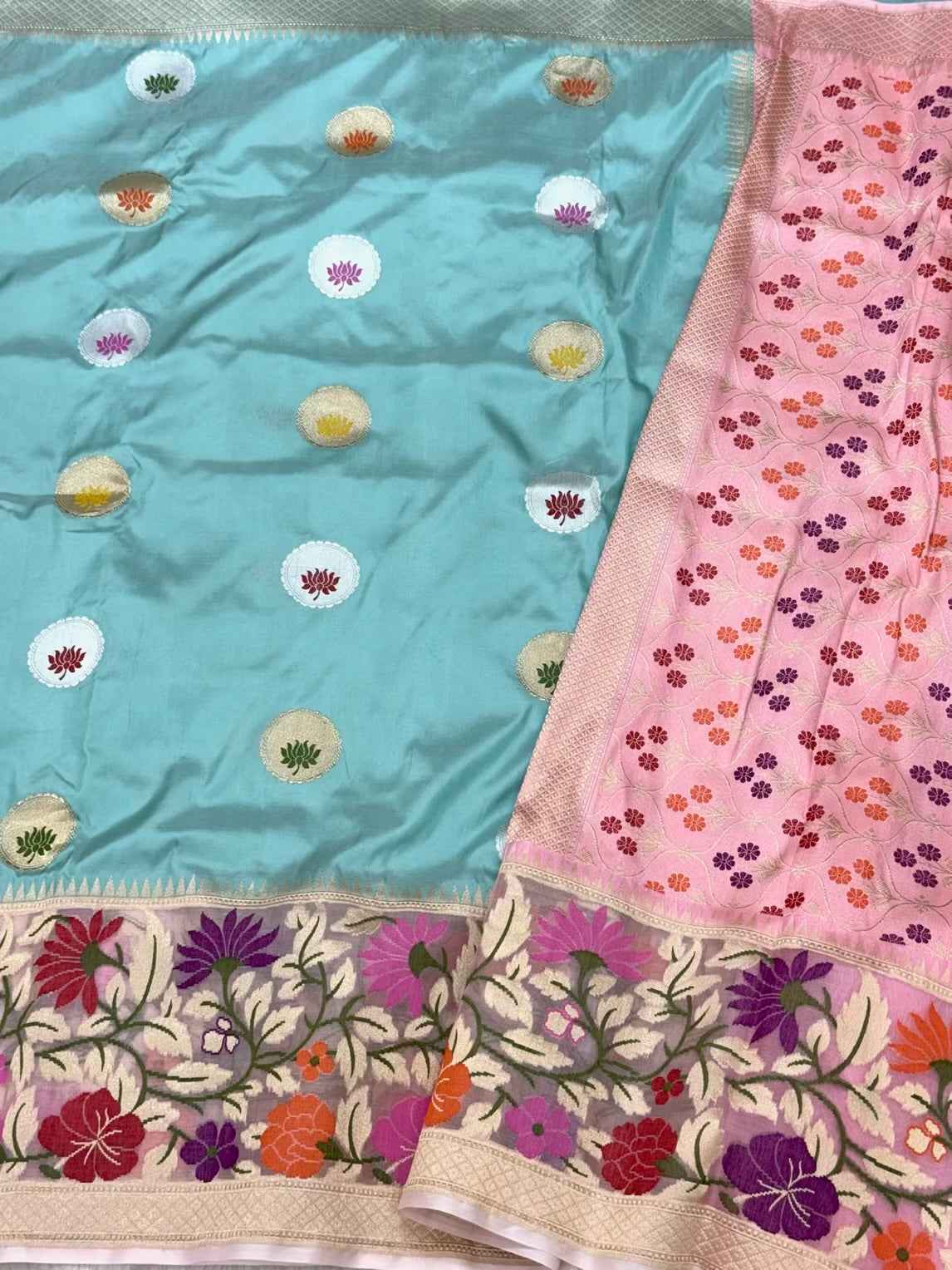 Sky Blue Pure Katan Silk Saree - Pure Mulberry Silk Handwoven ( Kadhwa Technique ) Banarasi Saree