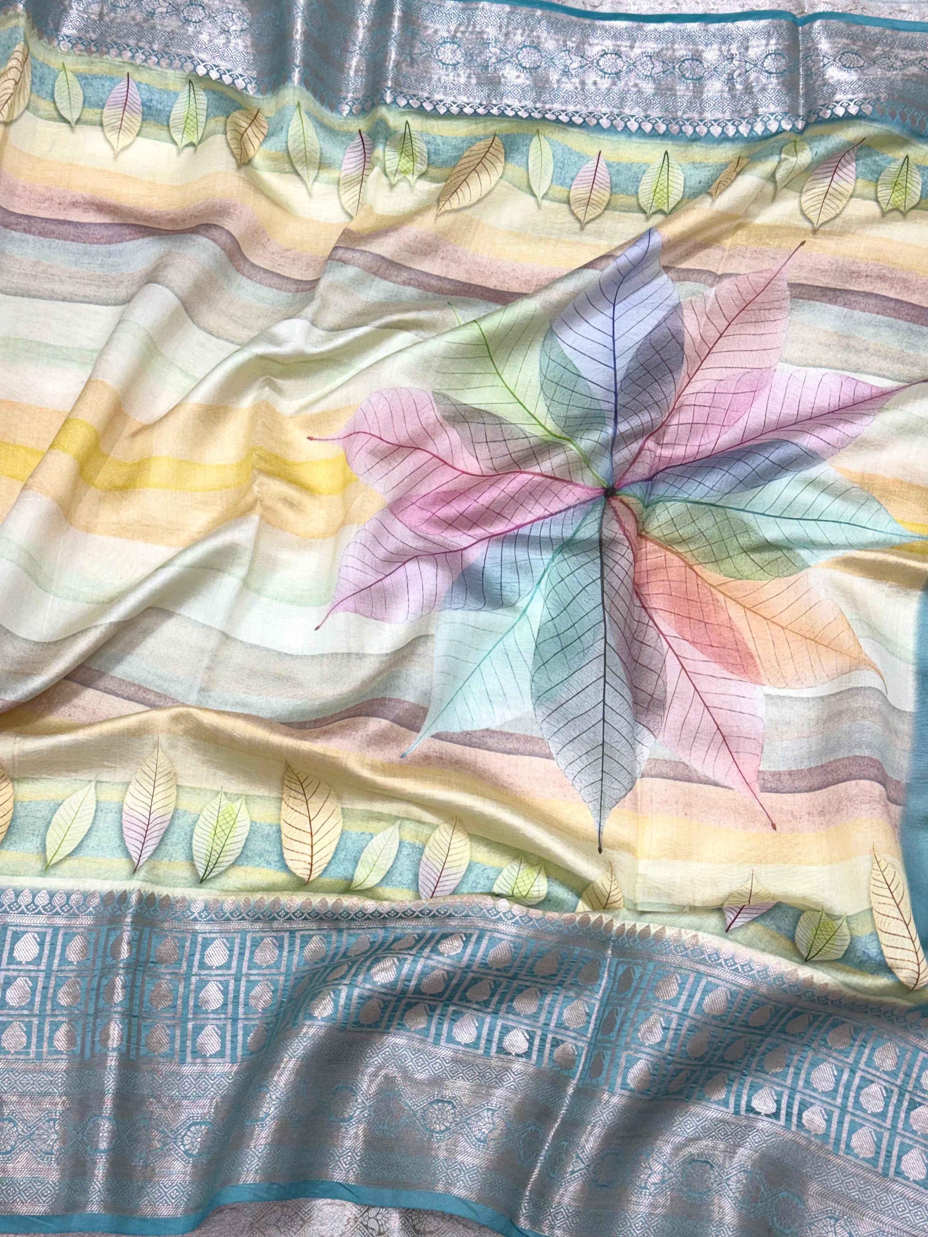 Sea Green Pure Mulberry Chiniya Silk Lightweight Contemporary Saree - Multicolours