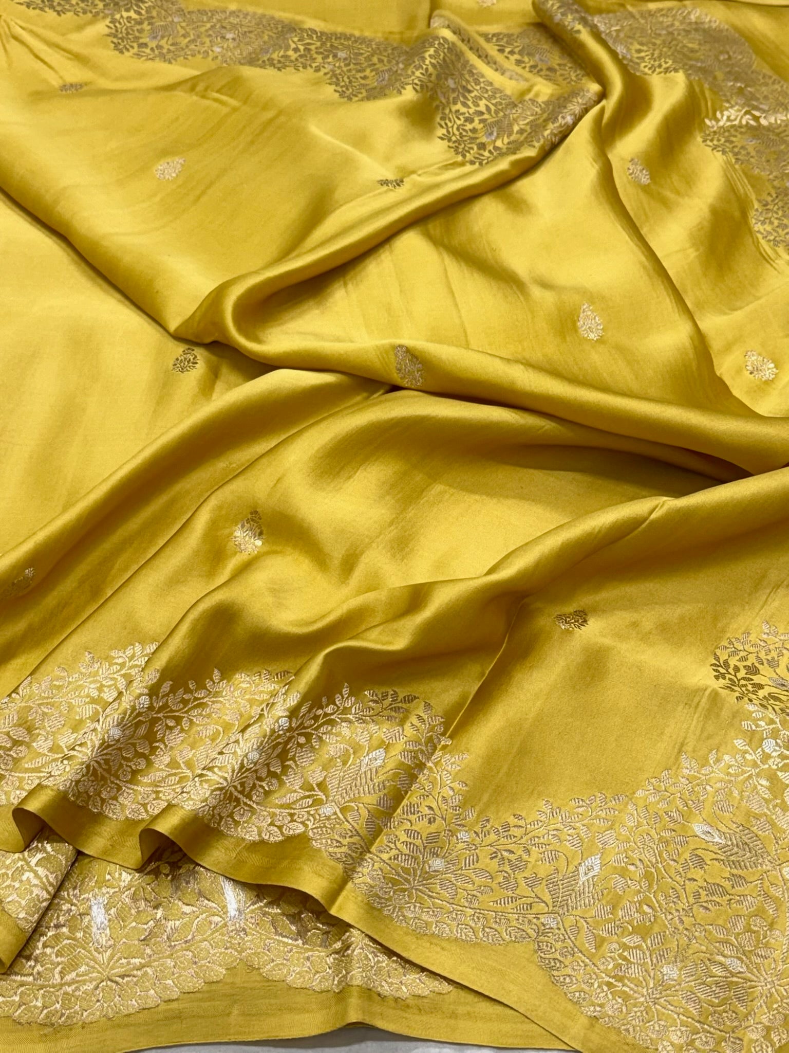 Mustard Yellow Banarasi Saree - Pure Mashru Satin Silk Handwoven Contemporary Banarsi Saree