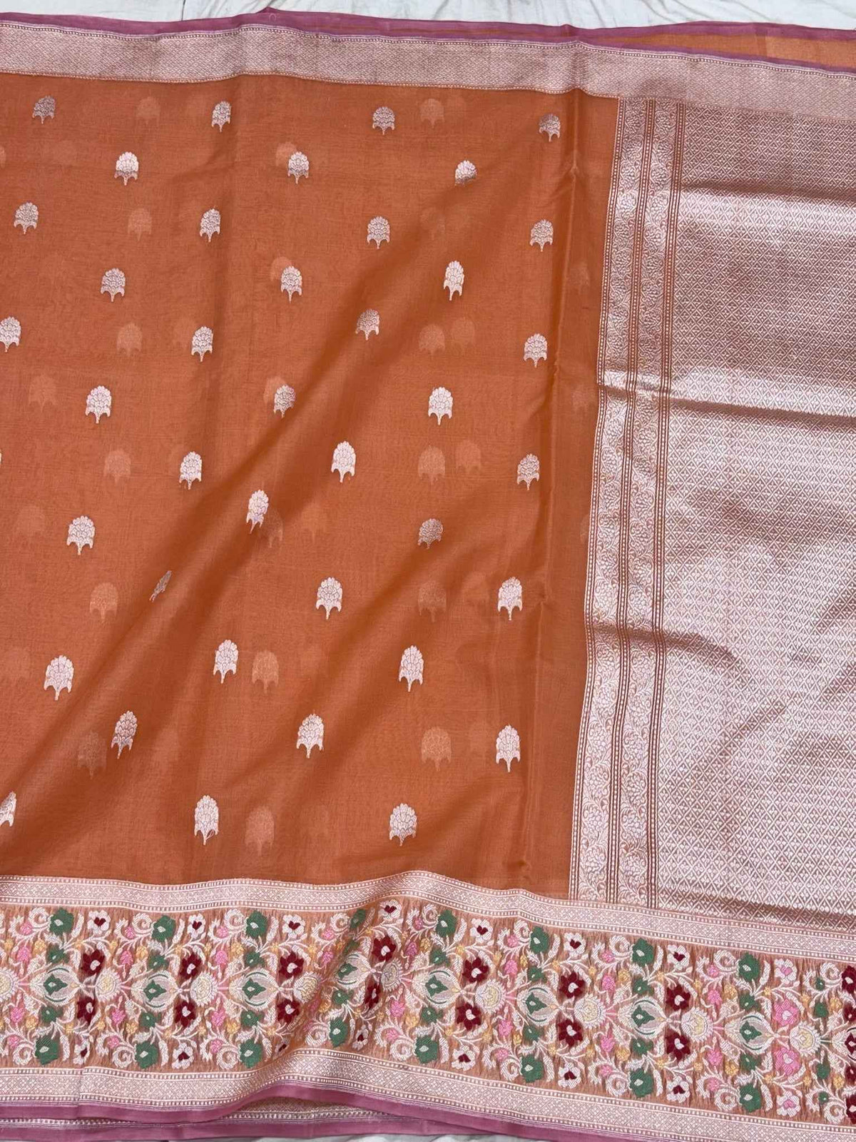 Rust Pure Mulberry Kora Silk Handwoven | Kadhwa Technique | Elegant Banarasi Saree