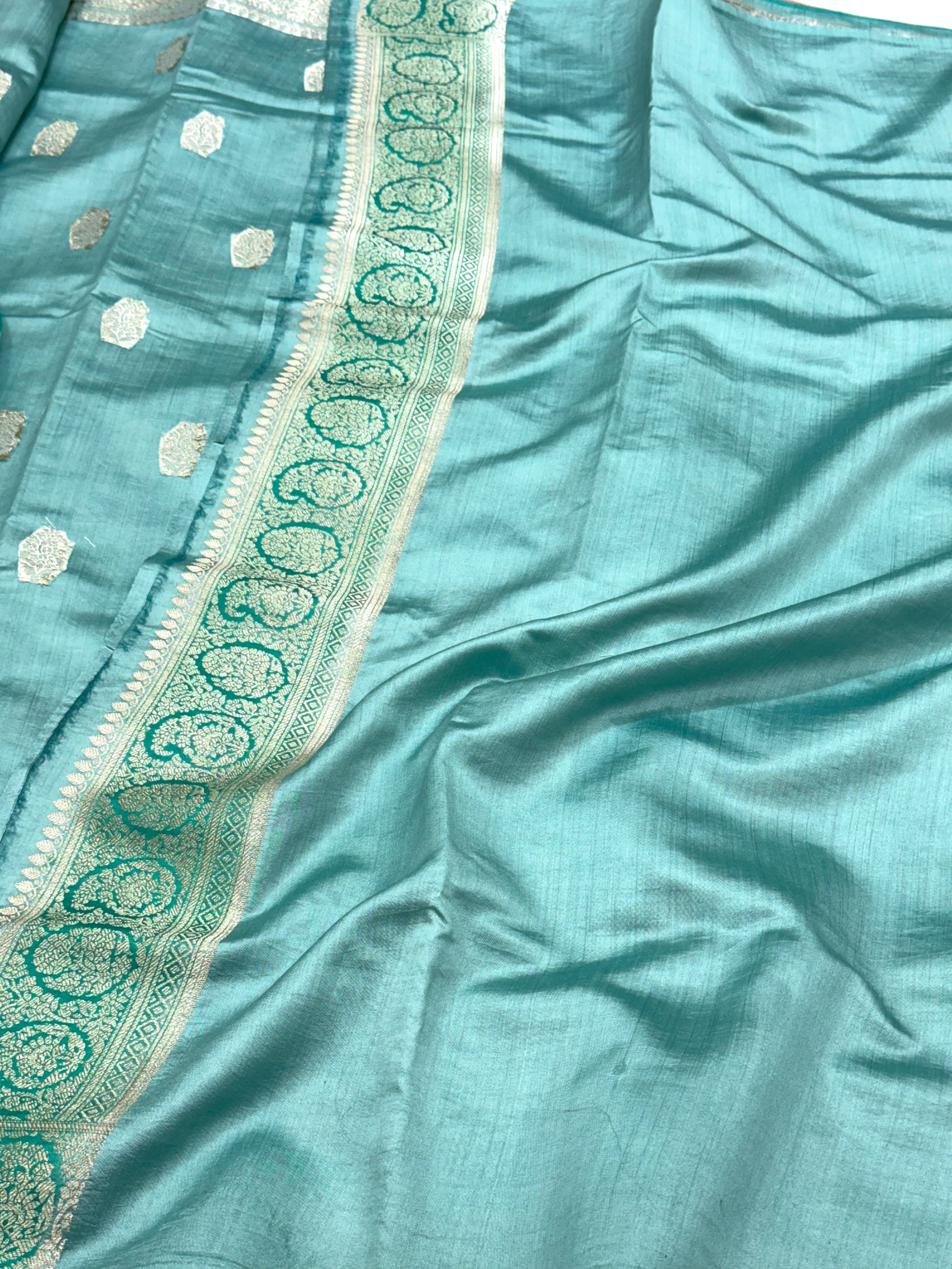 Sea Green Pure Mulberry Chiniya Silk Banarasi Saree