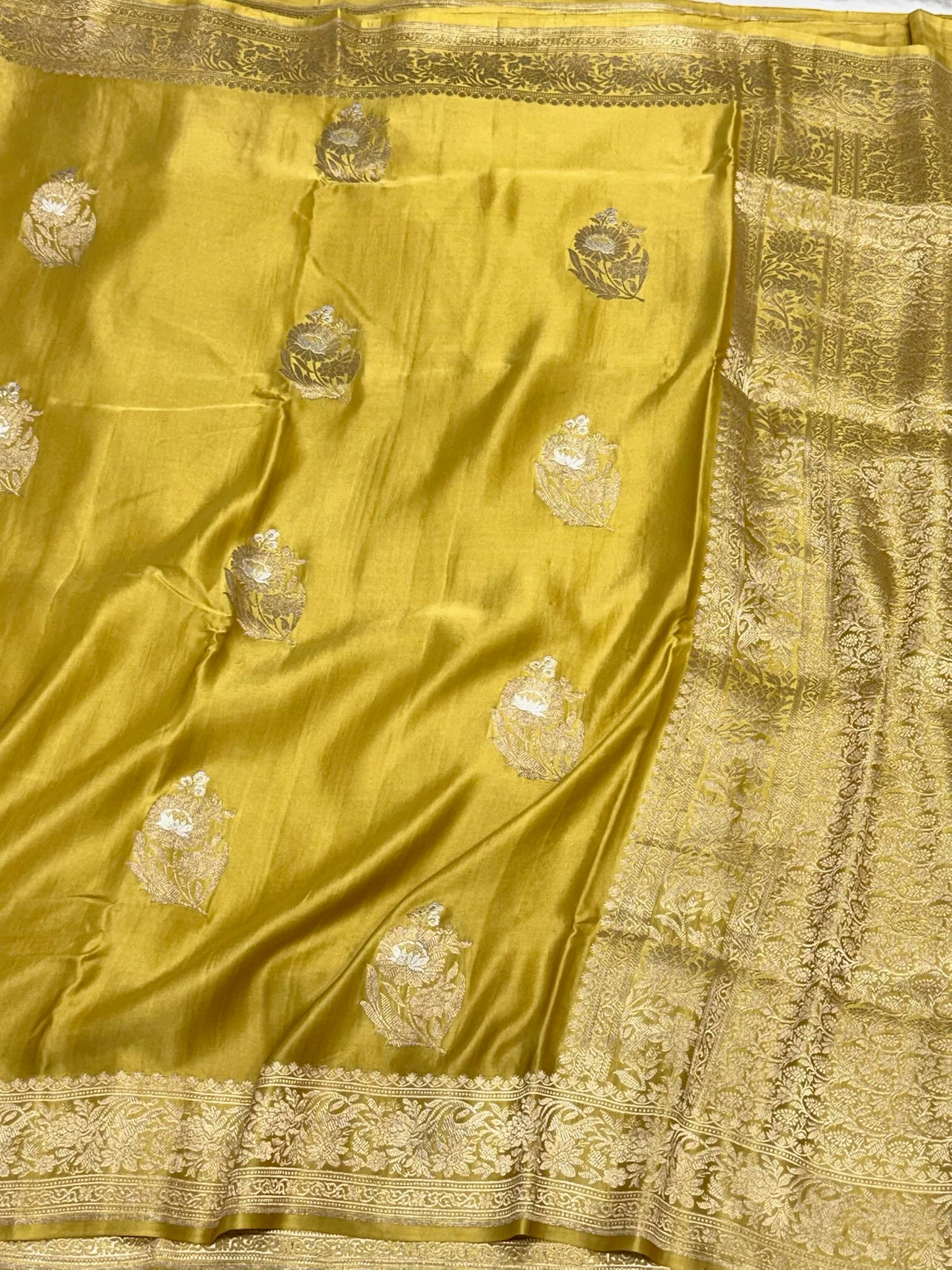 Mustard Yellow Pure Mashru Satin Silk Handwoven Banarasi Saree | Effortless Drape