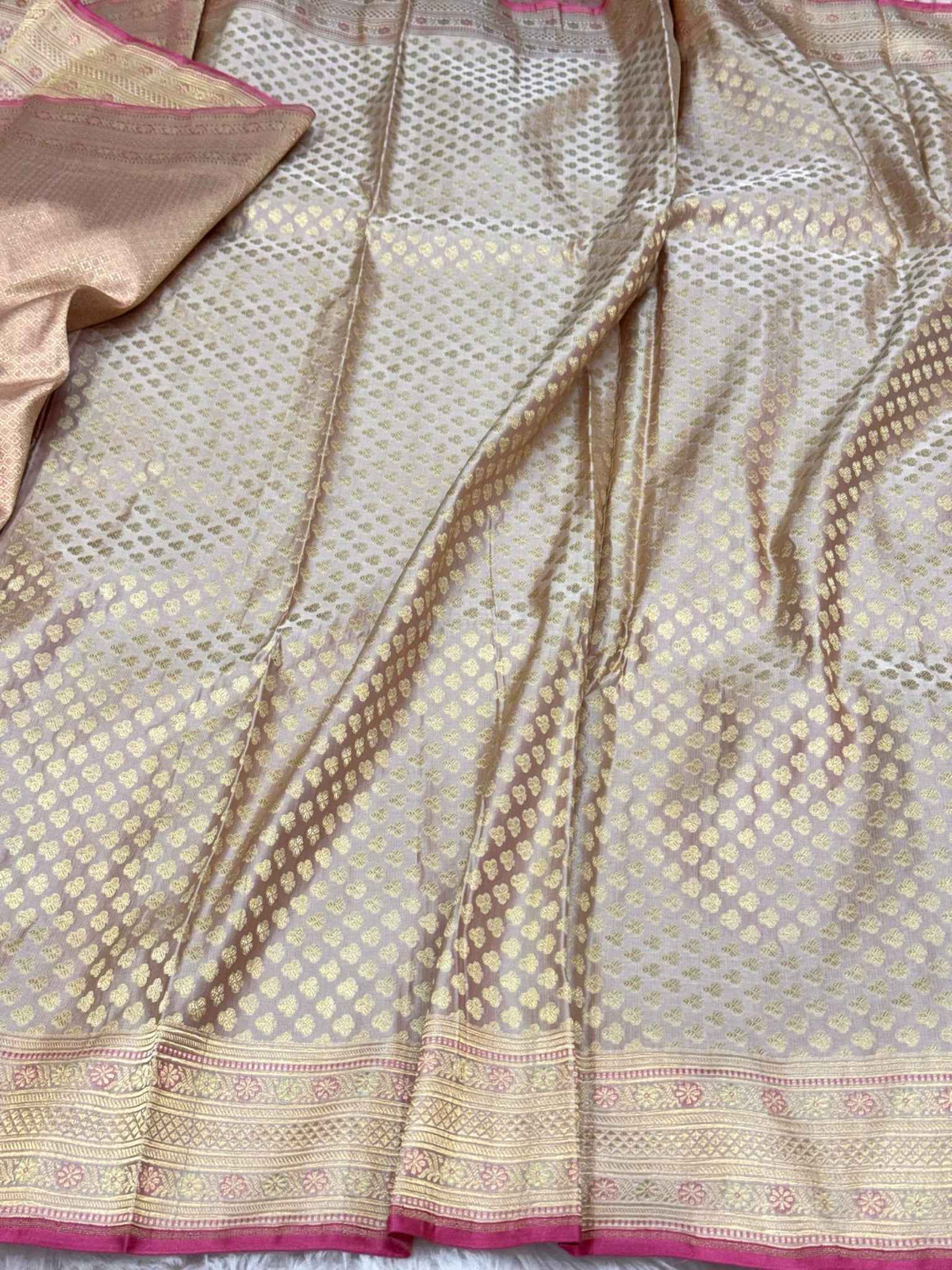 Beige Pure Satin Silk Handwoven Soft Drape Banarasi Saree