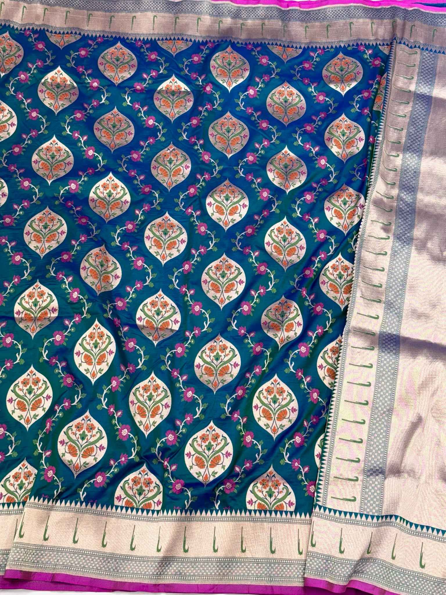 German Blue Pure Katan Silk & Pure Mulberry Silk Handloom Banarasi Saree