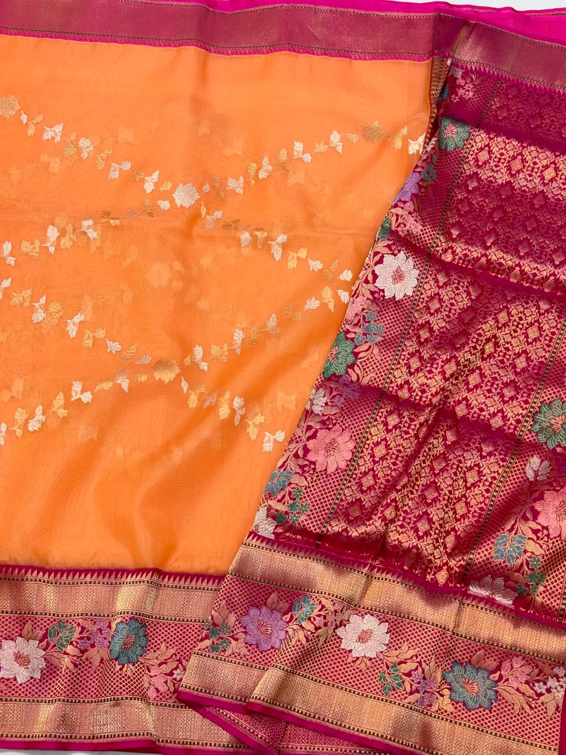 Orange Pure Kora Silk | Pure Mulberry Silk Handwoven Banarasi Saree | Ektara Weave Lightweight Banarasi Silk Saree