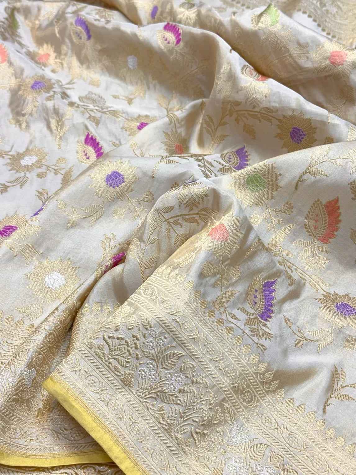 Ivory Pure Tissue Silk Saree - Pure Double Katan Silk | Kadhwa Technique | Handwoven Banarasi Silk Saree