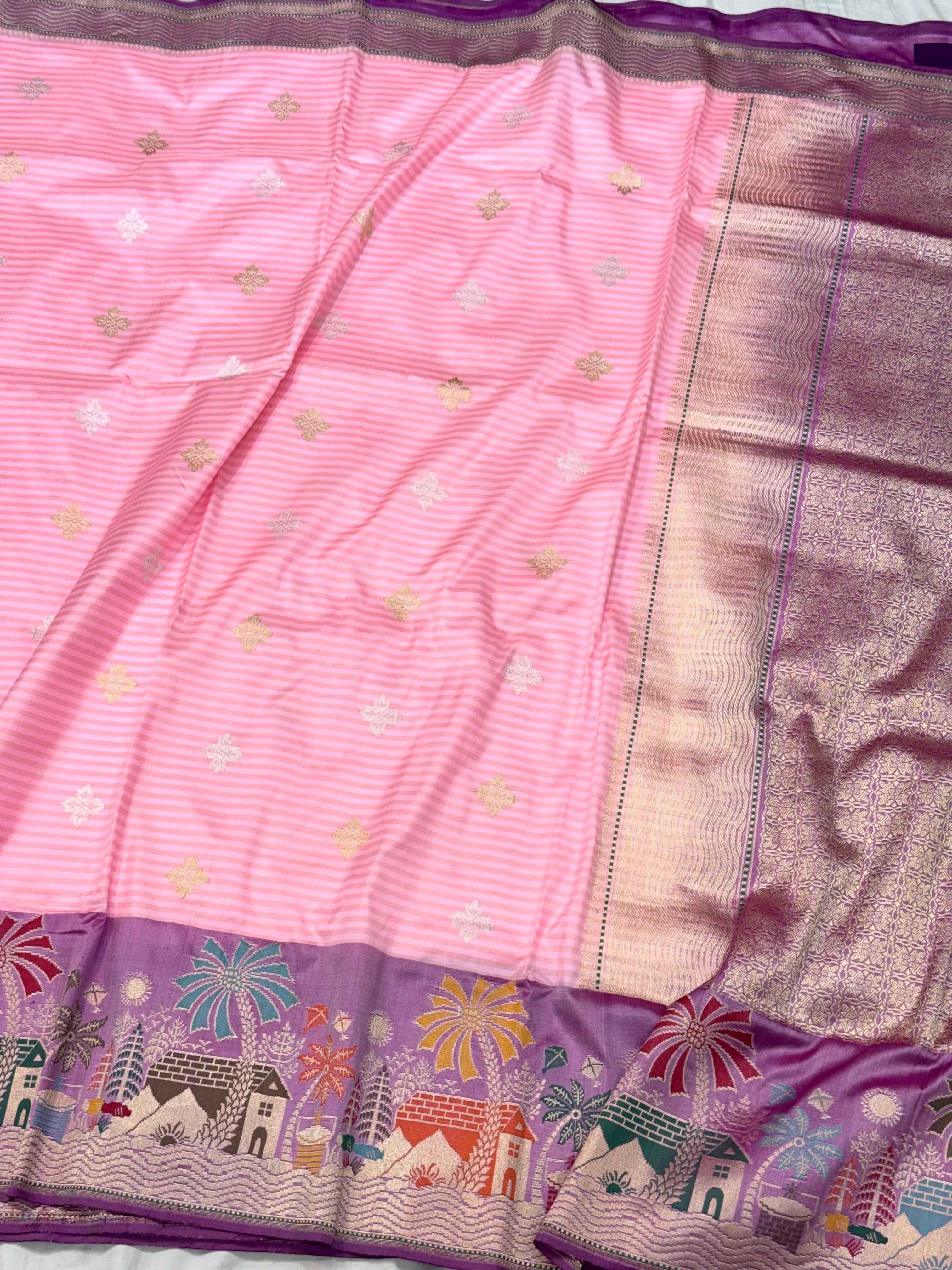 Powder Pink/Purple Pure Mulberry Katan Silk Handwoven Banarasi Saree