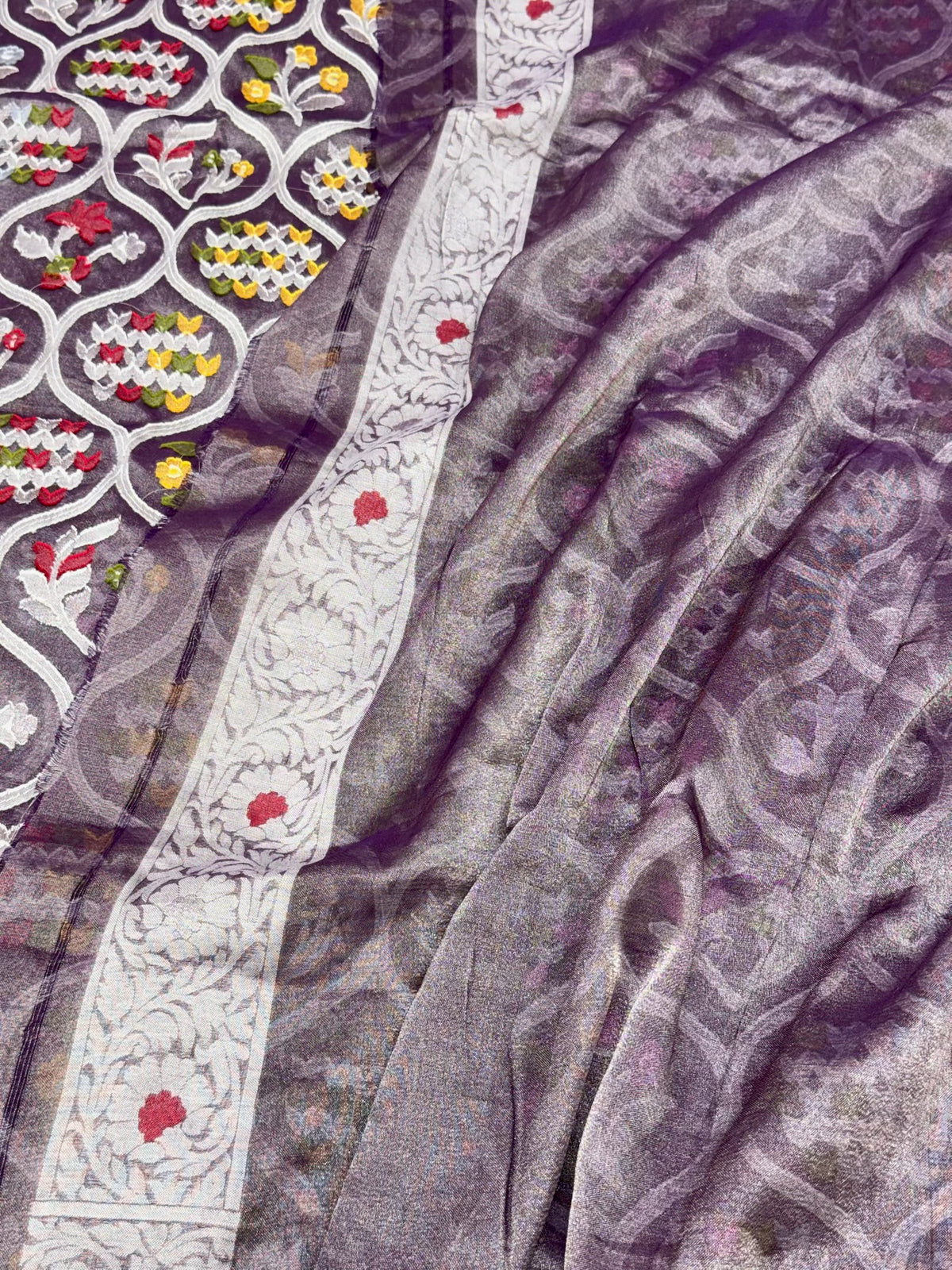 Dark Berry Purple Pure Muslin Cotton & Tissue Silk Jamdani | Ektara Weave | Handloom Banarasi Saree