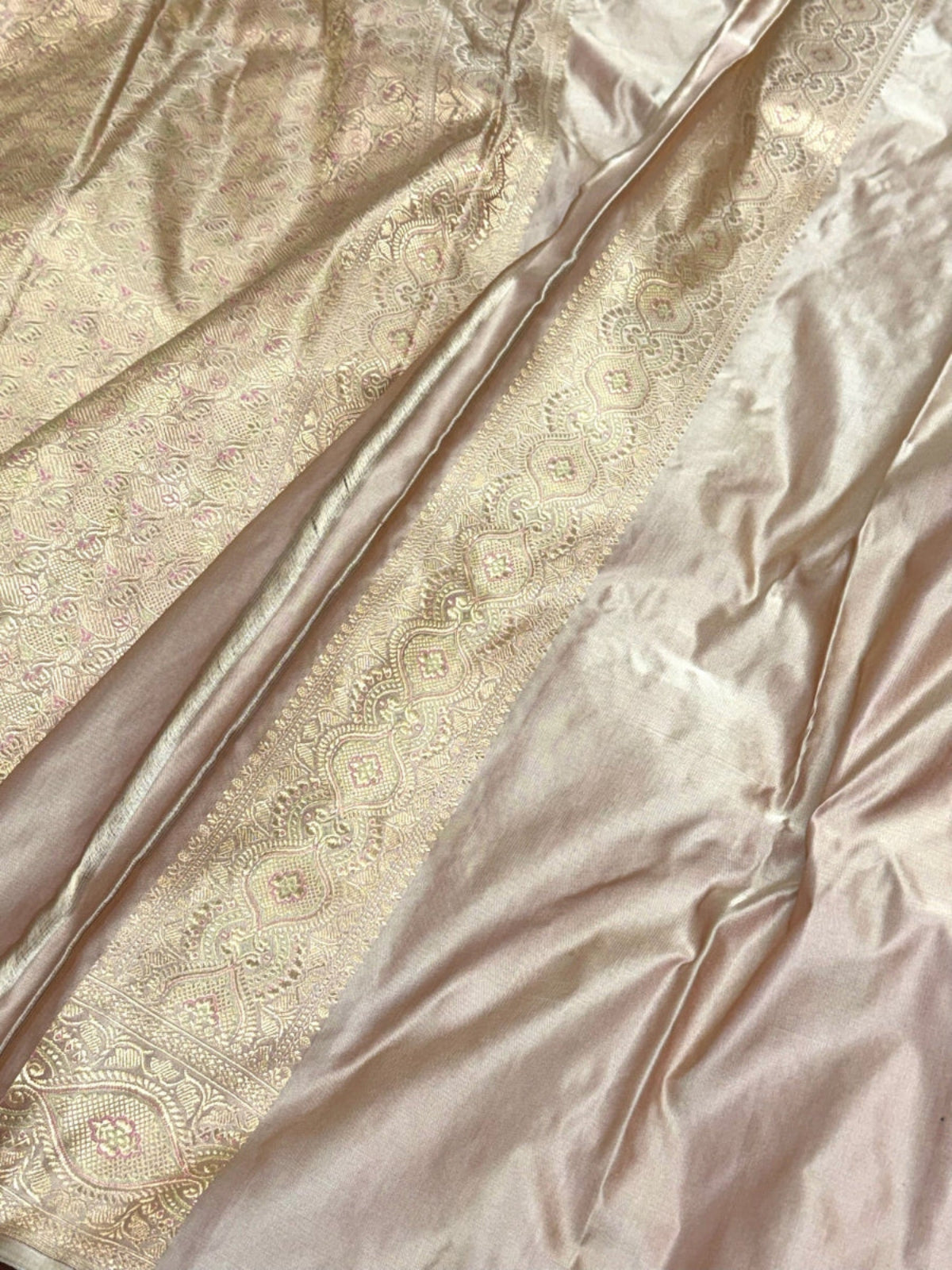 Beige Pure Satin Silk Handwoven Soft Drape Banarasi Tanchoi Saree