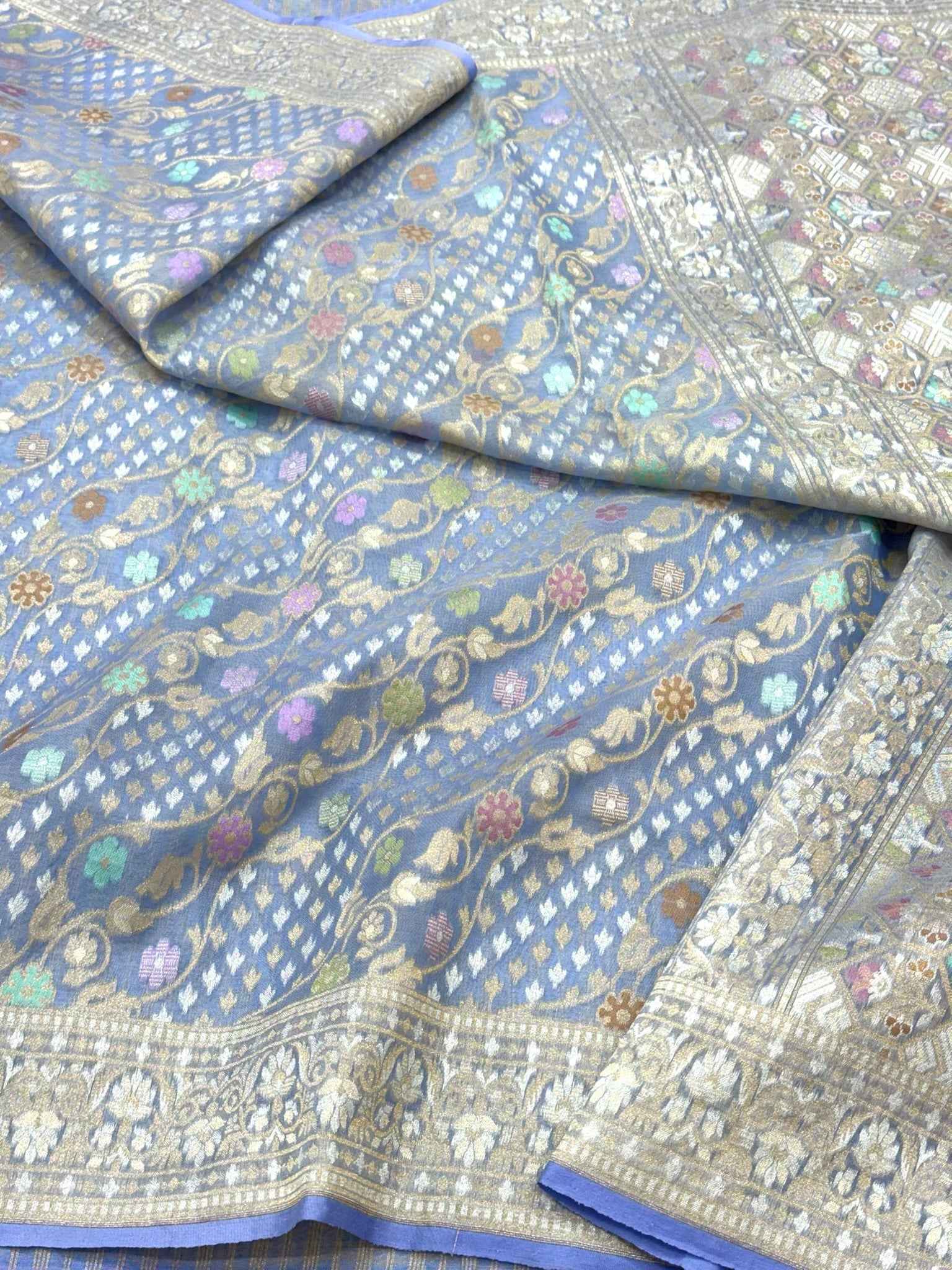 Cornflower Blue Pure Mulberry Kora Silk Jamdani Handloom Banarasi Saree - Ektara Weave