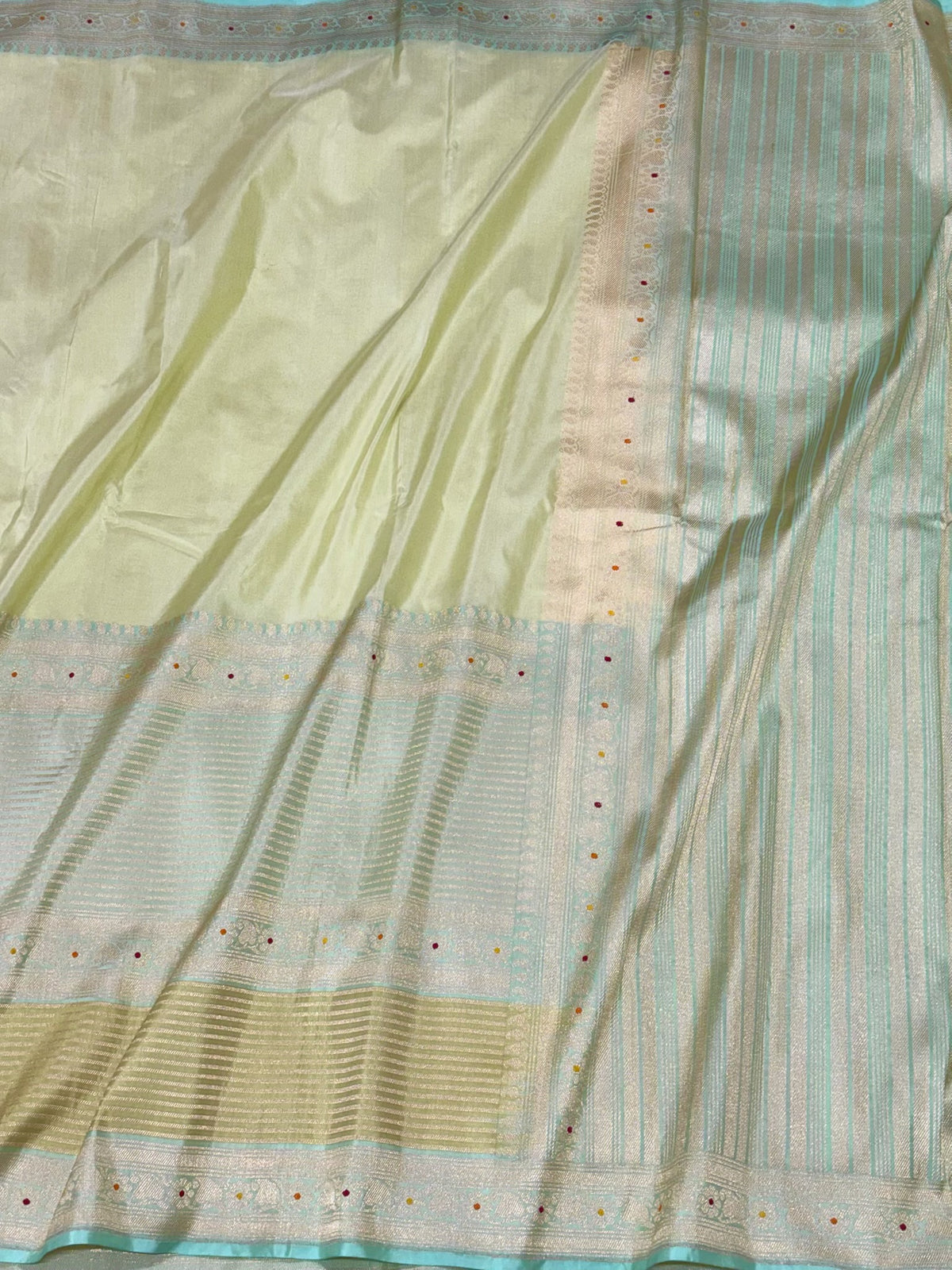 Light Pista Green Pure Mulberry Katan Silk Handwoven | Kadhwa Technique | Contemporary Banarasi Saree