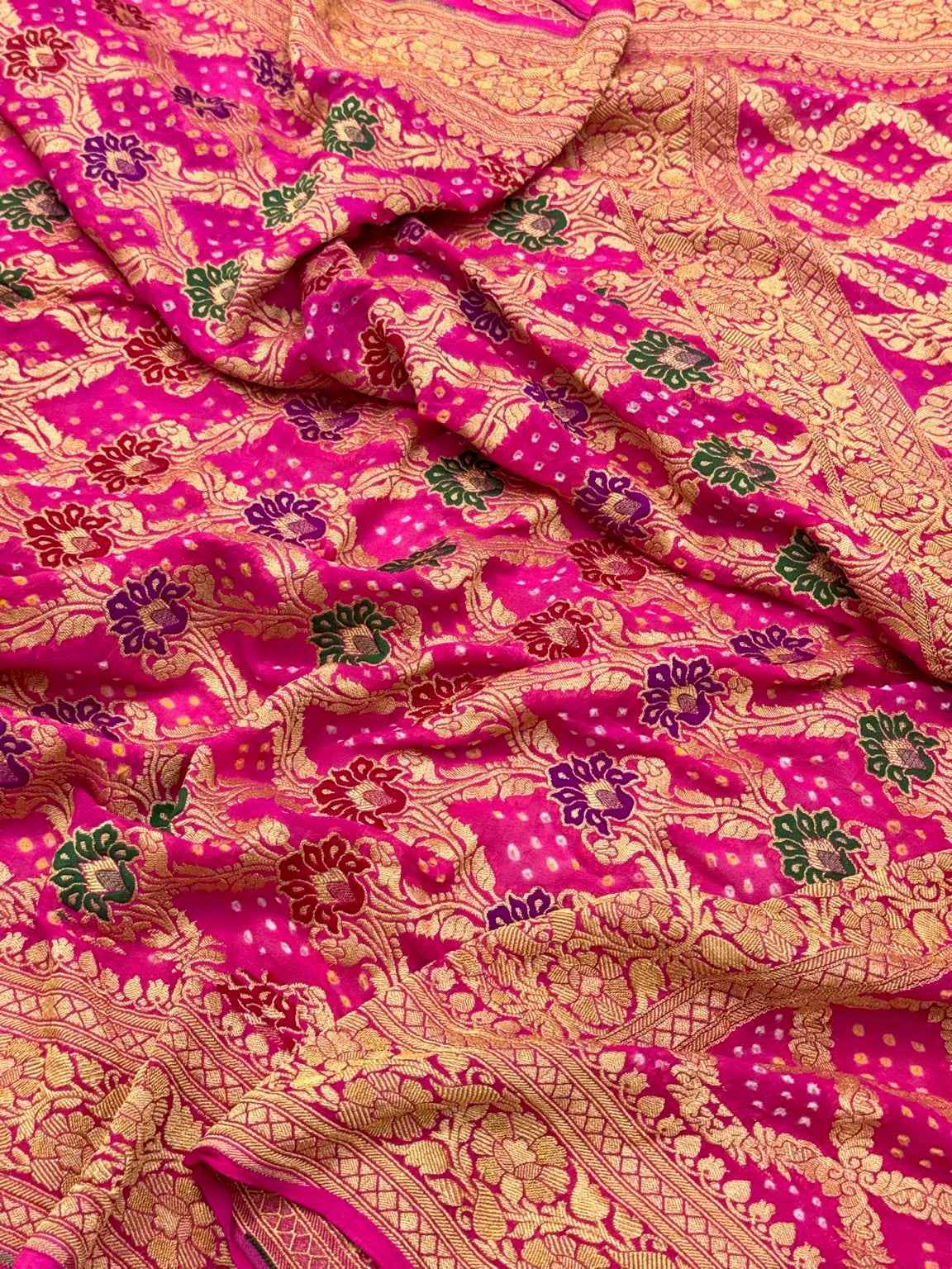 Fluorescent Pink Handloom Contemporary Banarasi Saree | Pure Chiffon Georgette Soft Drape Lightweight Bandhej Saree