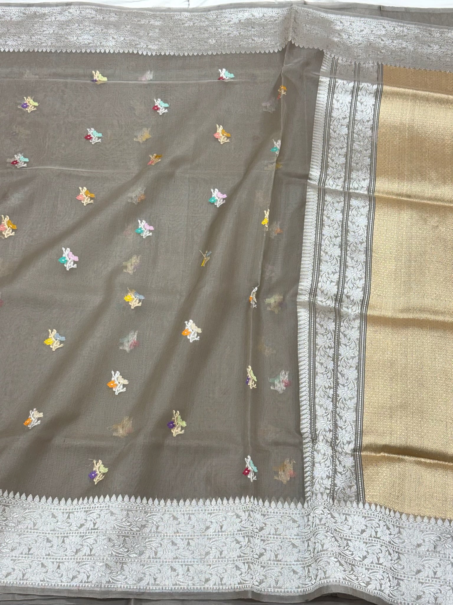 Warm Gray Pure Kora Mulberry Silk | Kadhwa Weave | Handwoven Banarasi Saree