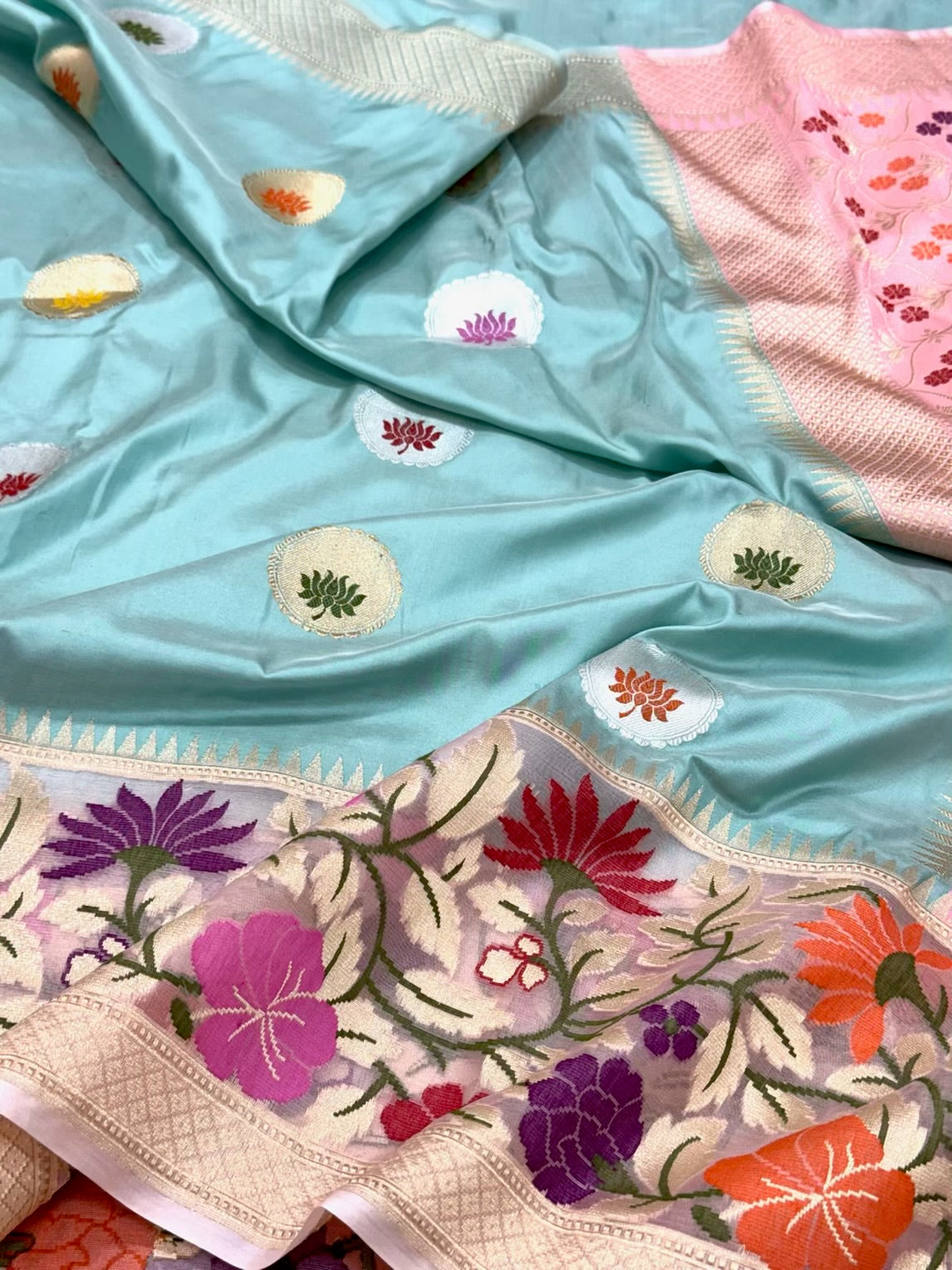 Sky Blue Pure Katan Silk Saree - Pure Mulberry Silk Handwoven ( Kadhwa Technique ) Banarasi Saree