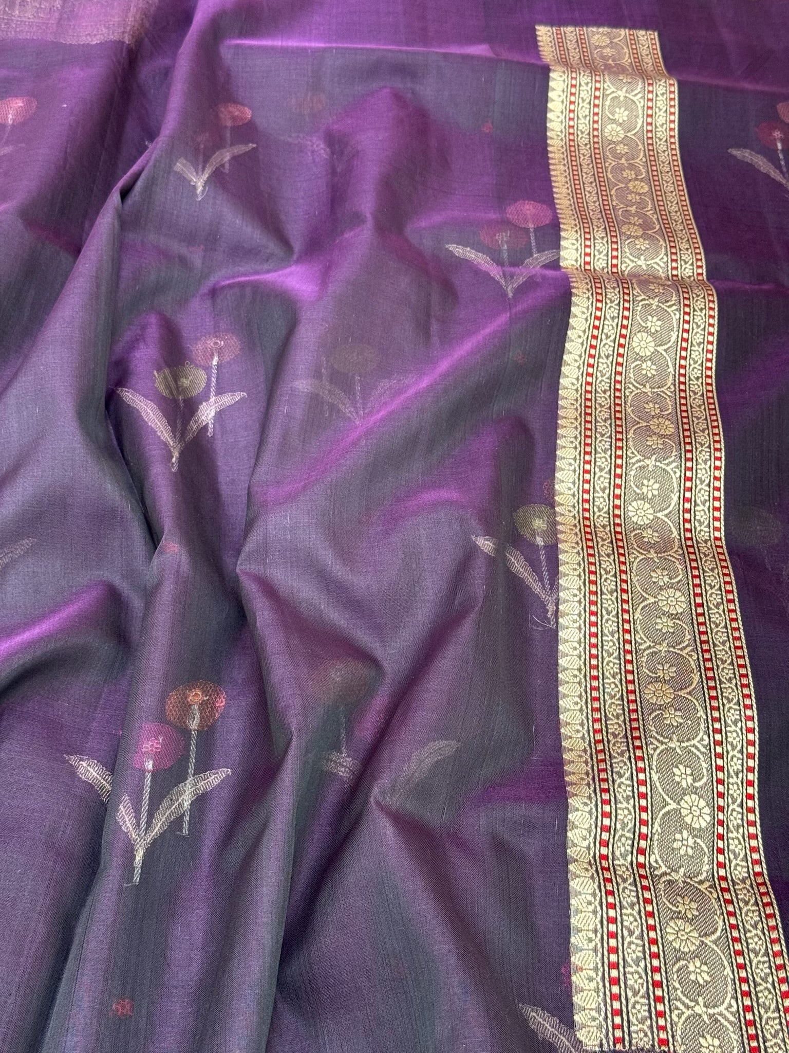 Dark Violet Pure Mulberry Kora Silk Handwoven Authentic Banarasi Modern Saree - Kadhwa Ektara Weave
