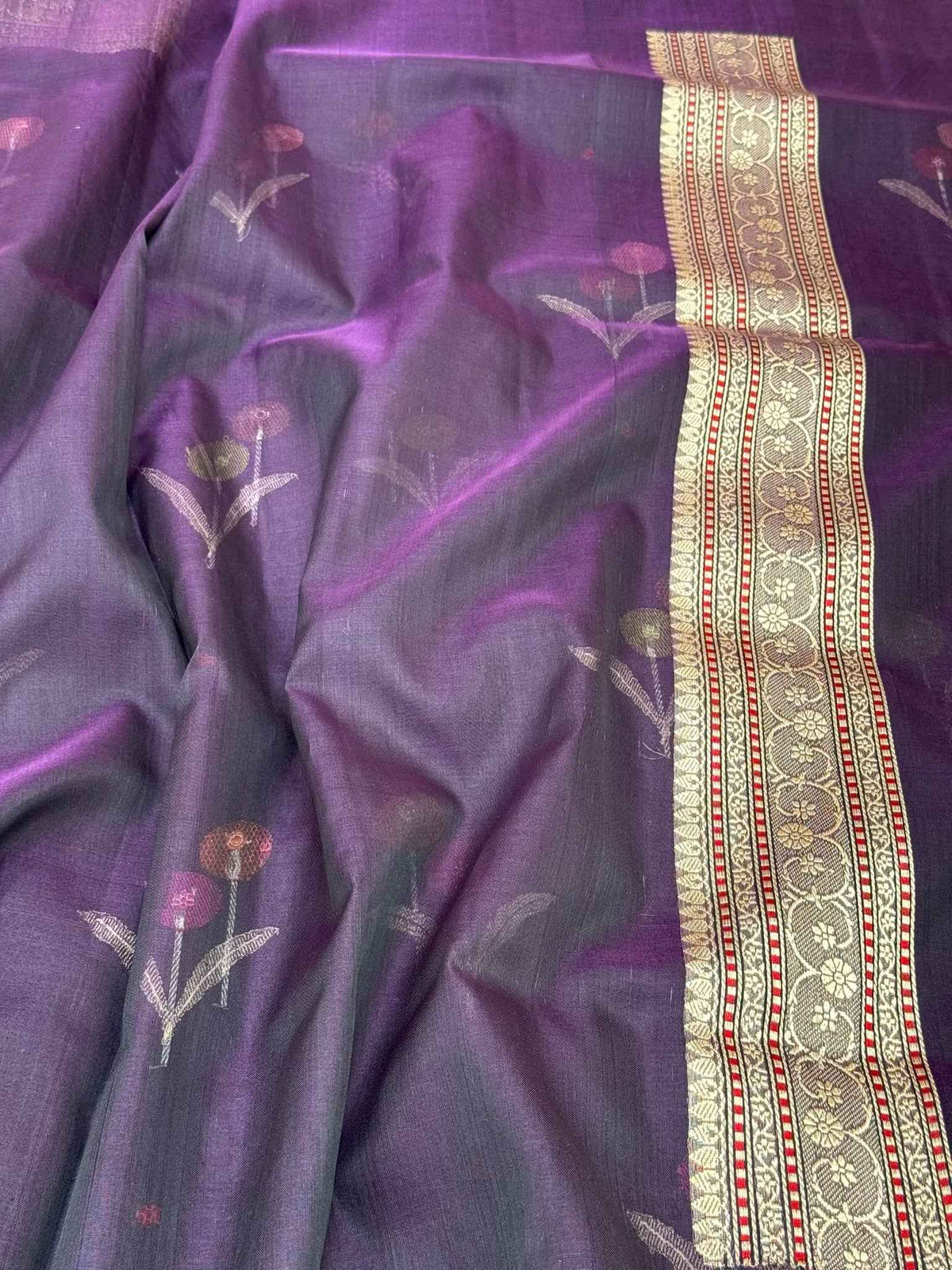 Dark Violet Pure Mulberry Kora Silk Handwoven Authentic Banarasi Modern Saree - Kadhwa Ektara Weave