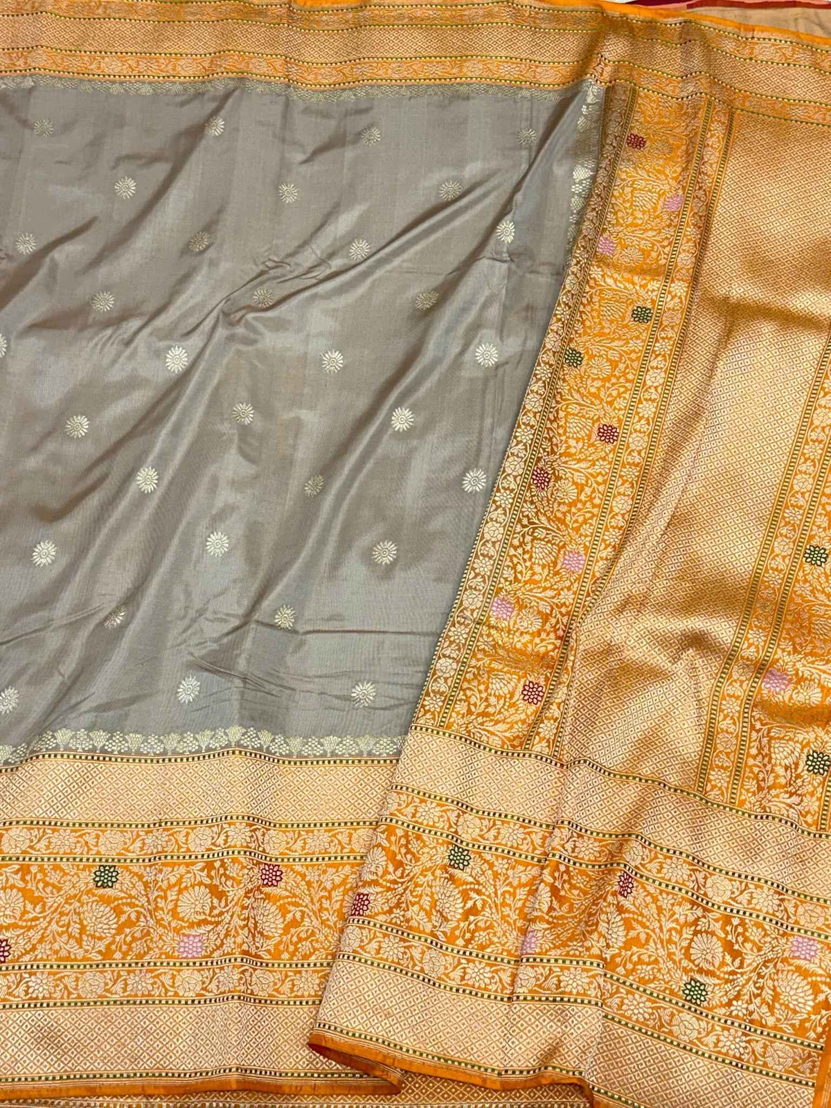 Gray/Mustard Yellow Handwoven Ektara Banarasi Saree - Pure Mulberry Katan Silk | Six Yards Luxury