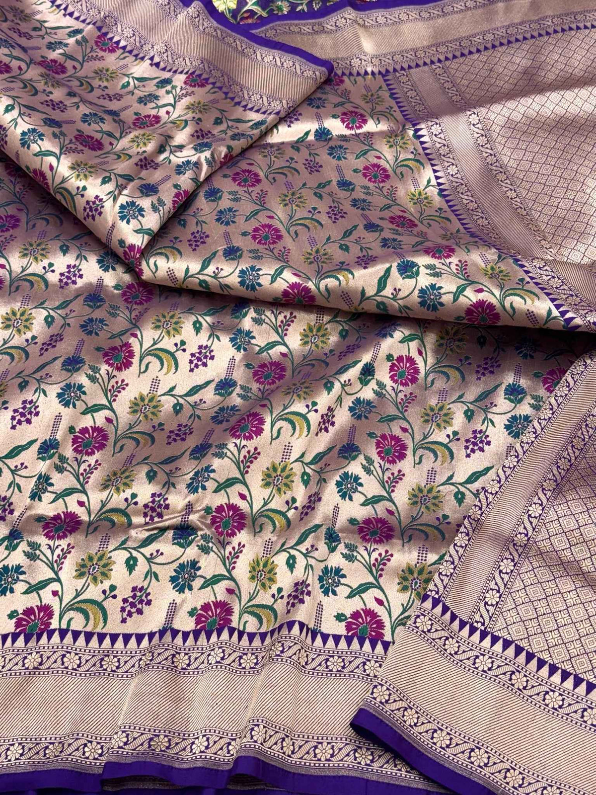 Gold/Purple Pure Mulberry Katan Silk Handloom Banarasi Saree - Paithani Brocade Banarasi Saree