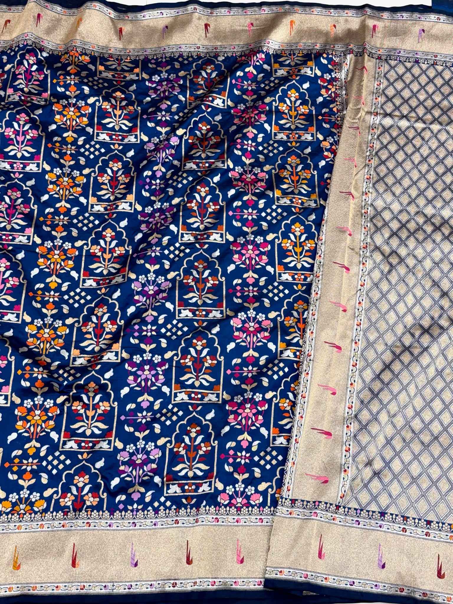 German Blue Pure Katan Silk & Pure Mulberry Silk Handloom Banarasi Saree