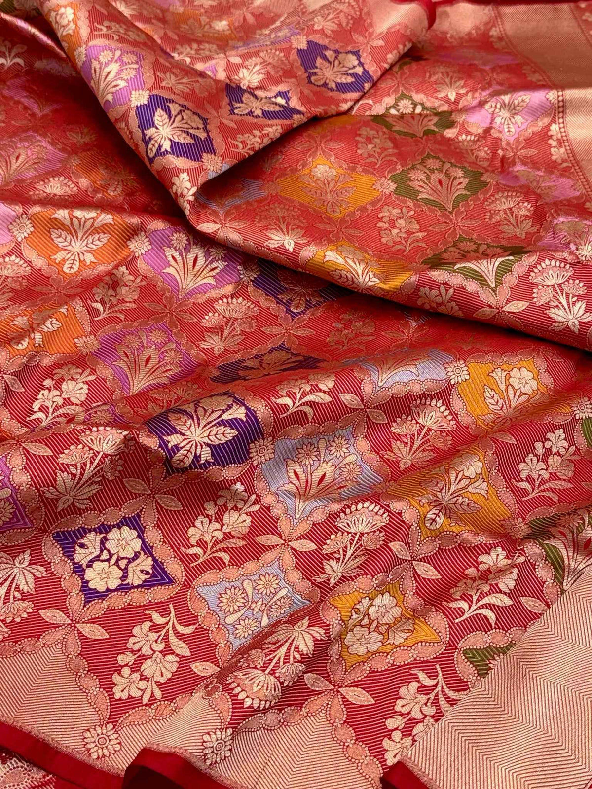 Red Pure Katan Mulberry Silk Handloom Banarasi Saree - Modern Rangkaat Saree