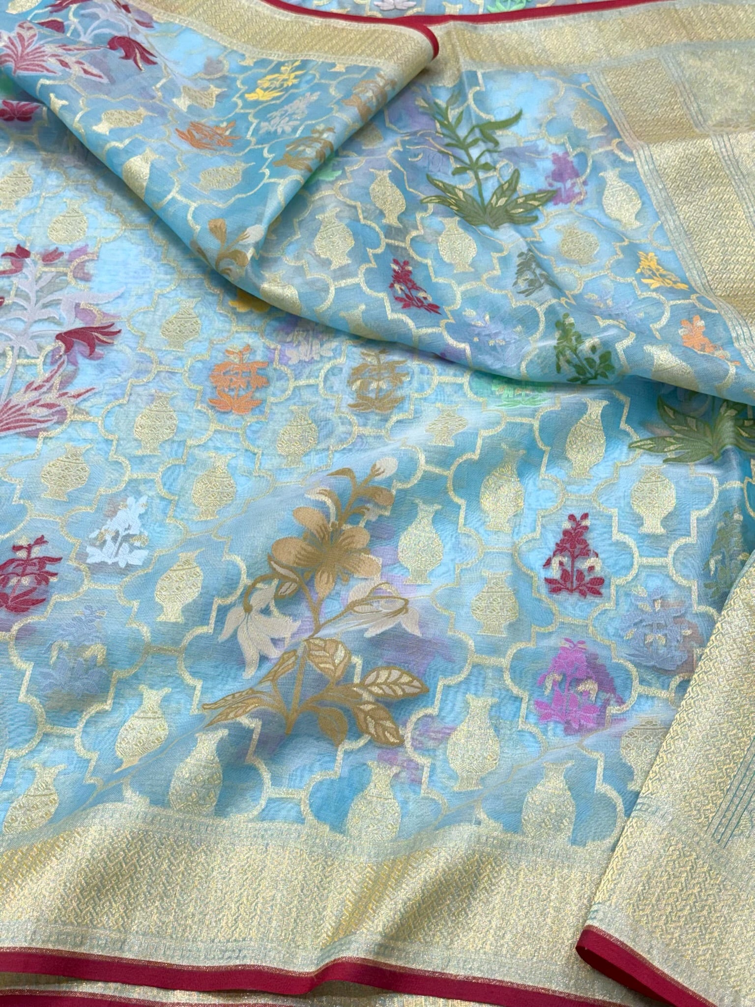 Sky Blue Pure Mulberry Kora ( Organza ) Silk Ektara Jamdani Handloom Banarasi Saree