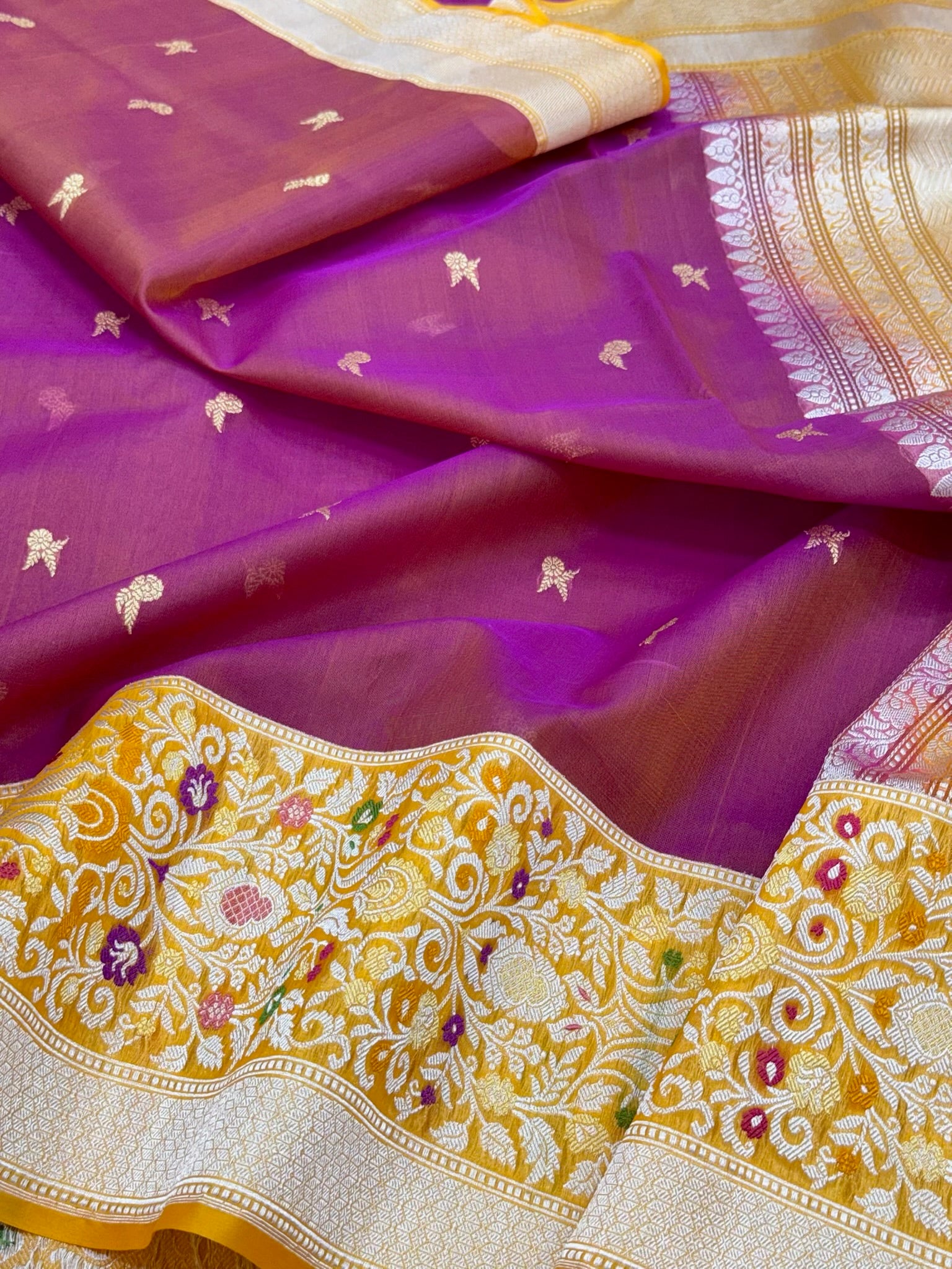 Purple/Dual Tone Pure Kora Mulberry Silk Handwoven Modern Contemporary Banarasi Saree
