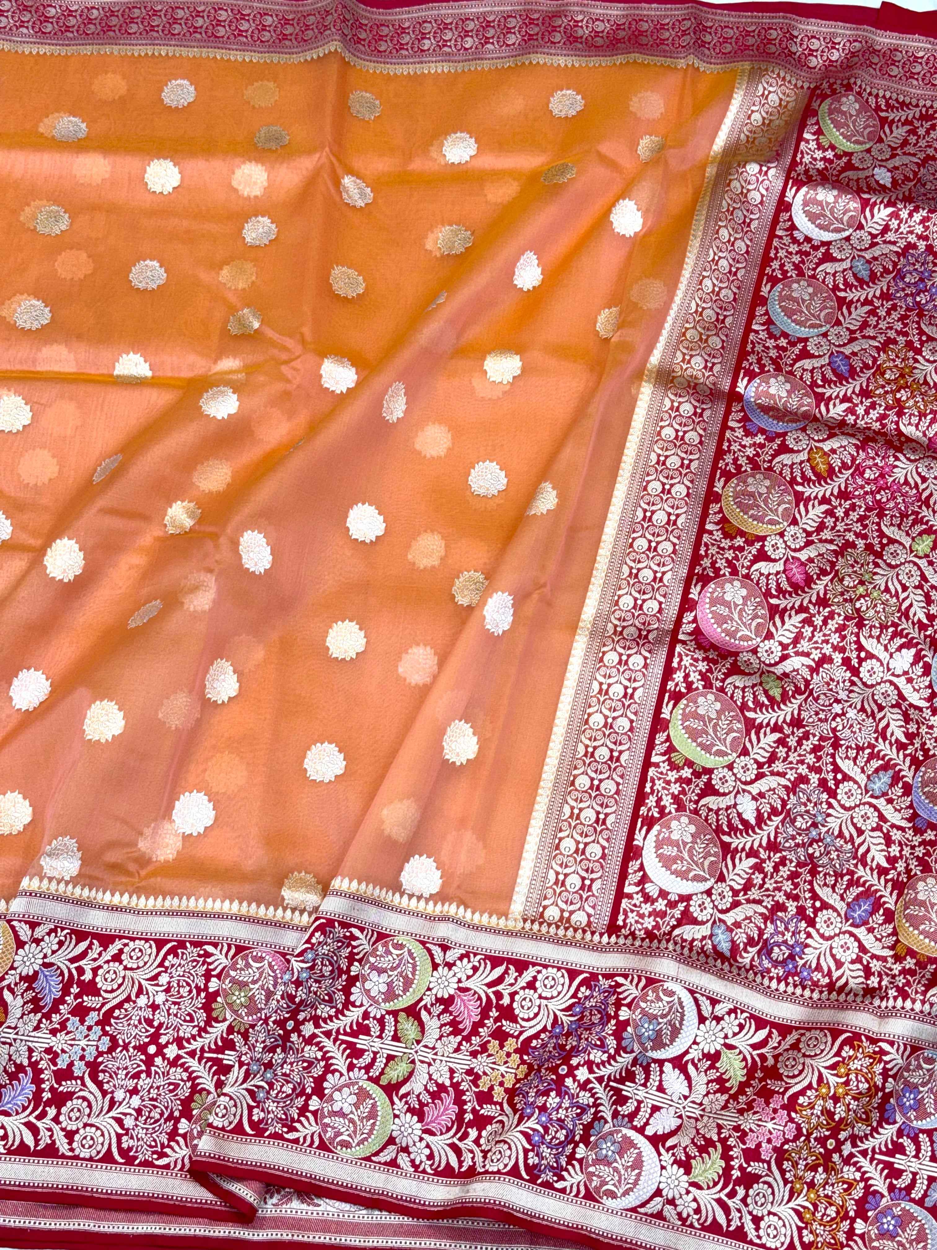 Peach/Red Pure Kora Silk Handwoven Banarasi Saree