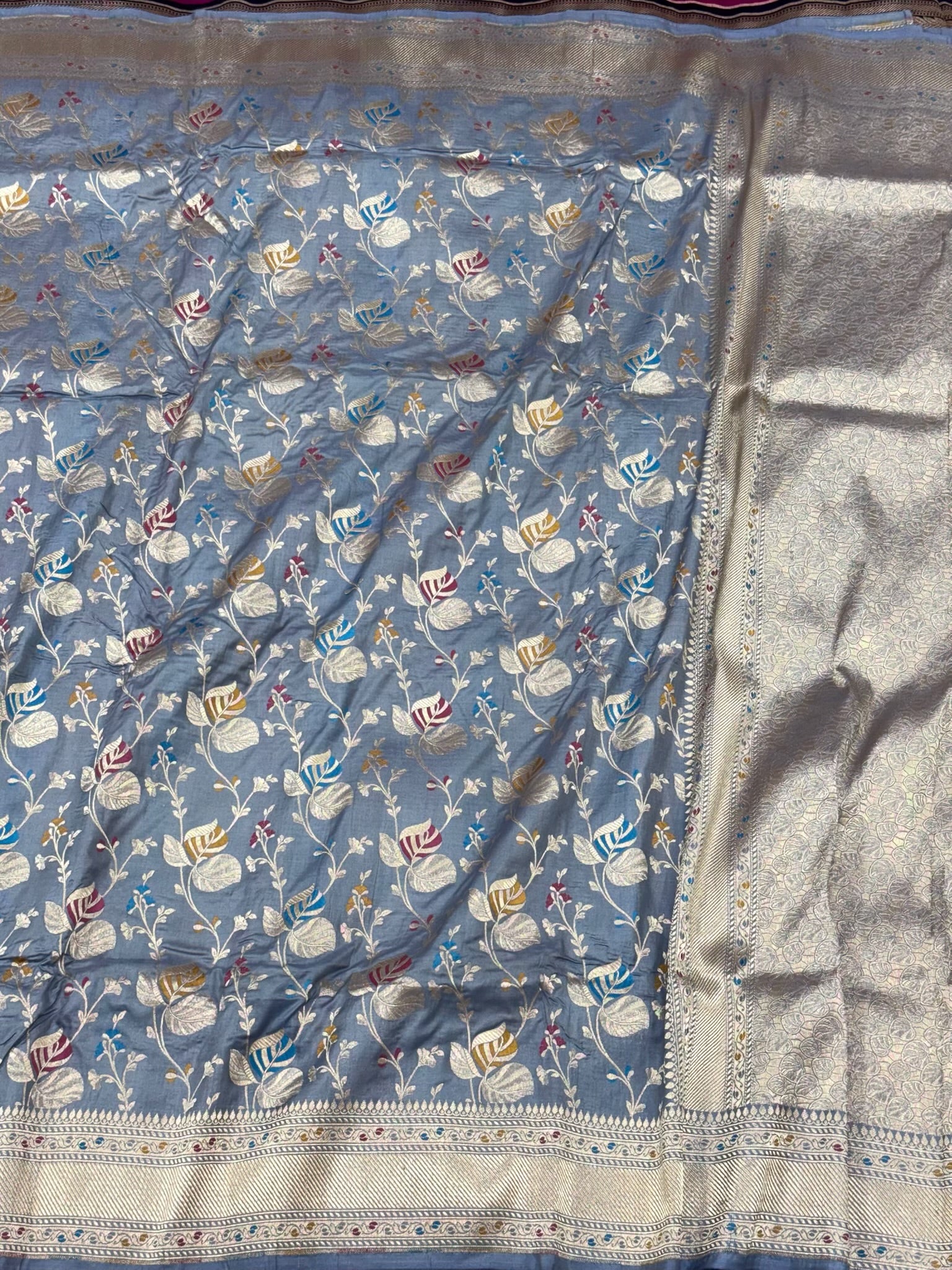 Blue Gray Pure Mulberry Katan Silk Handloom Banarasi Saree - Authentic Banarasi Meenakari Saree