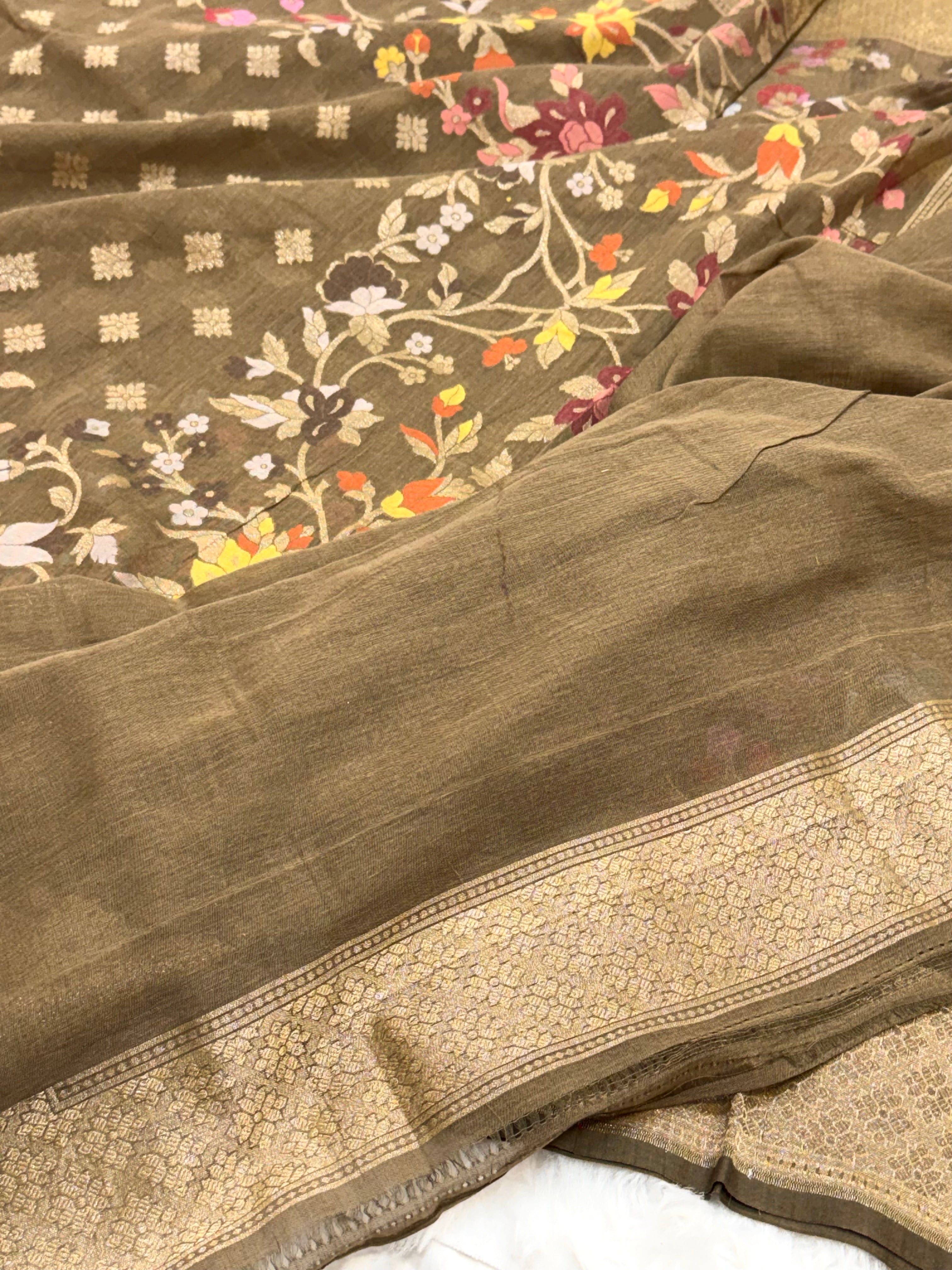 Brown Pure Muslin Cotton Jamdani handloom Banarasi Saree |Ektara Weave|