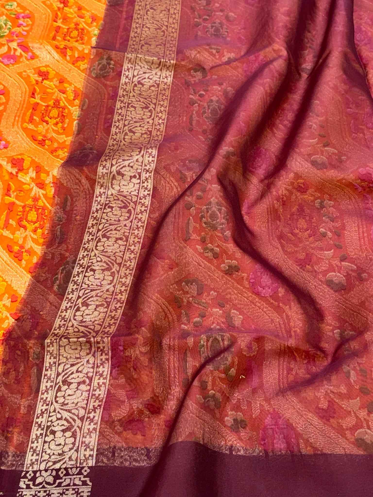 Orange Pure Kora silk & Pure Mulberry Silk Jamdani Handloom Banarasi Saree - Ektara Weave