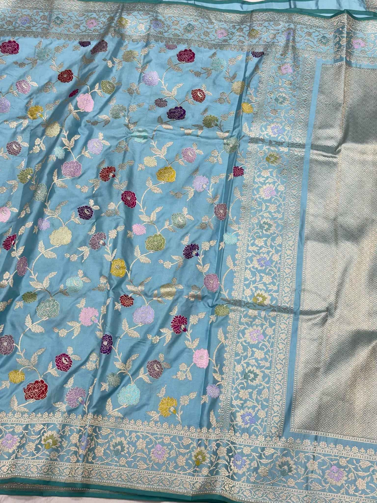 Sky Blue Pure Double Katan Silk & Mulberry Silk | Kadhwa Weave | Handwoven Authentic Banarasi Saree