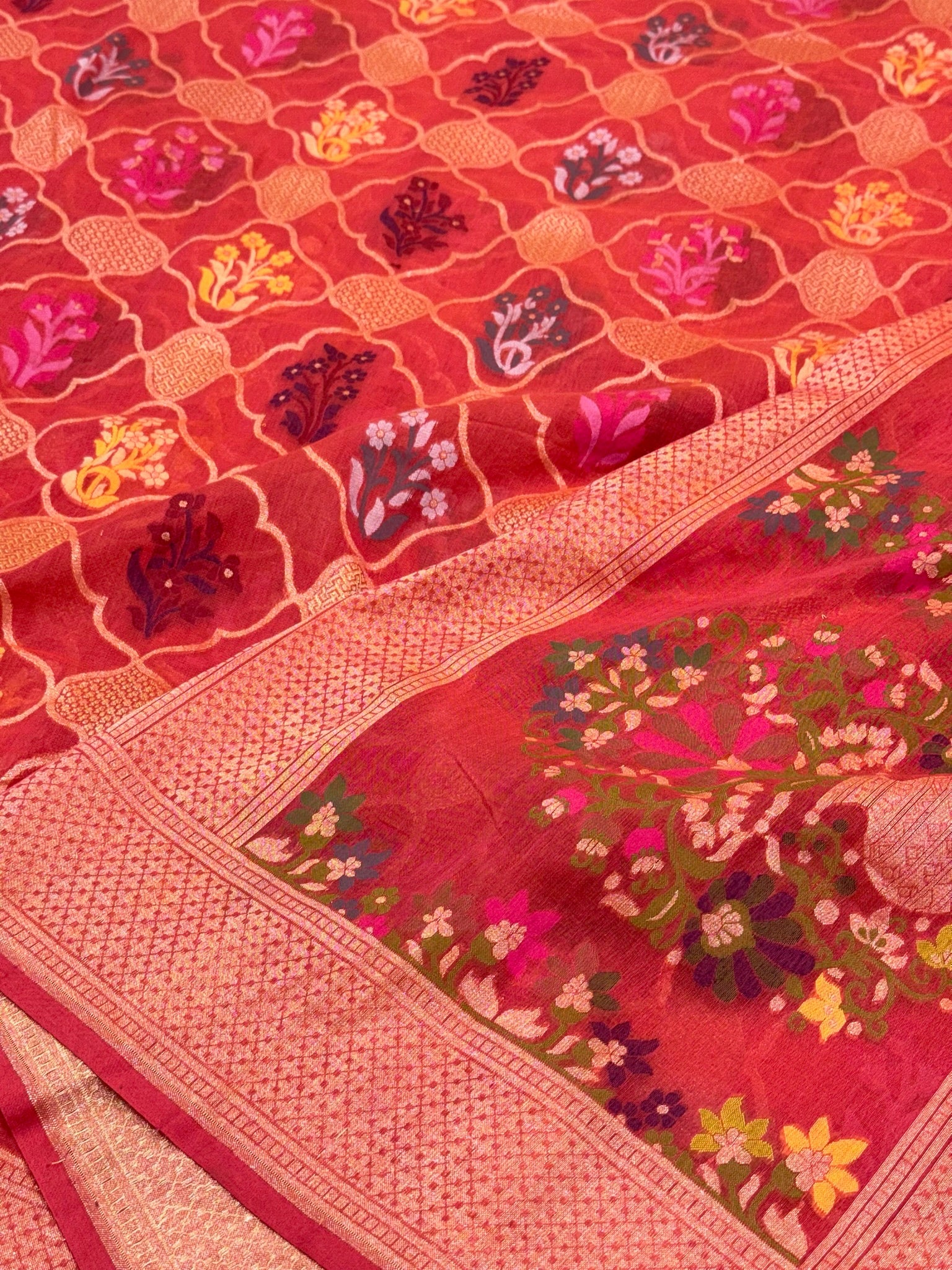 Reddish Orange Pure Muslin Cotton Jamdani Ektara Weave Handloom Banarasi Saree