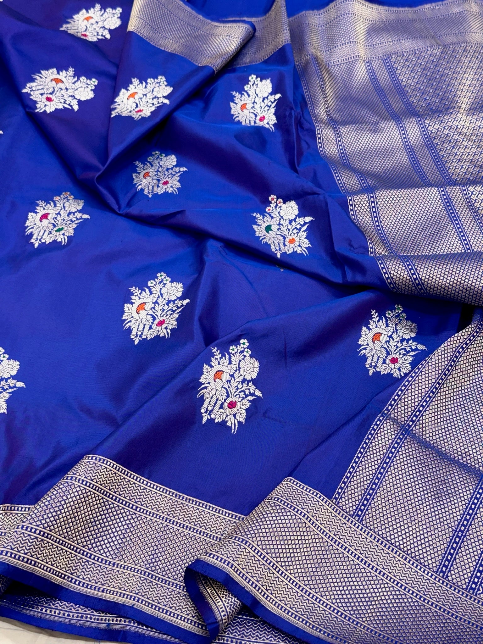 Cobalt Blue Pure Mulberry Katan Silk Handwoven Banarasi Saree