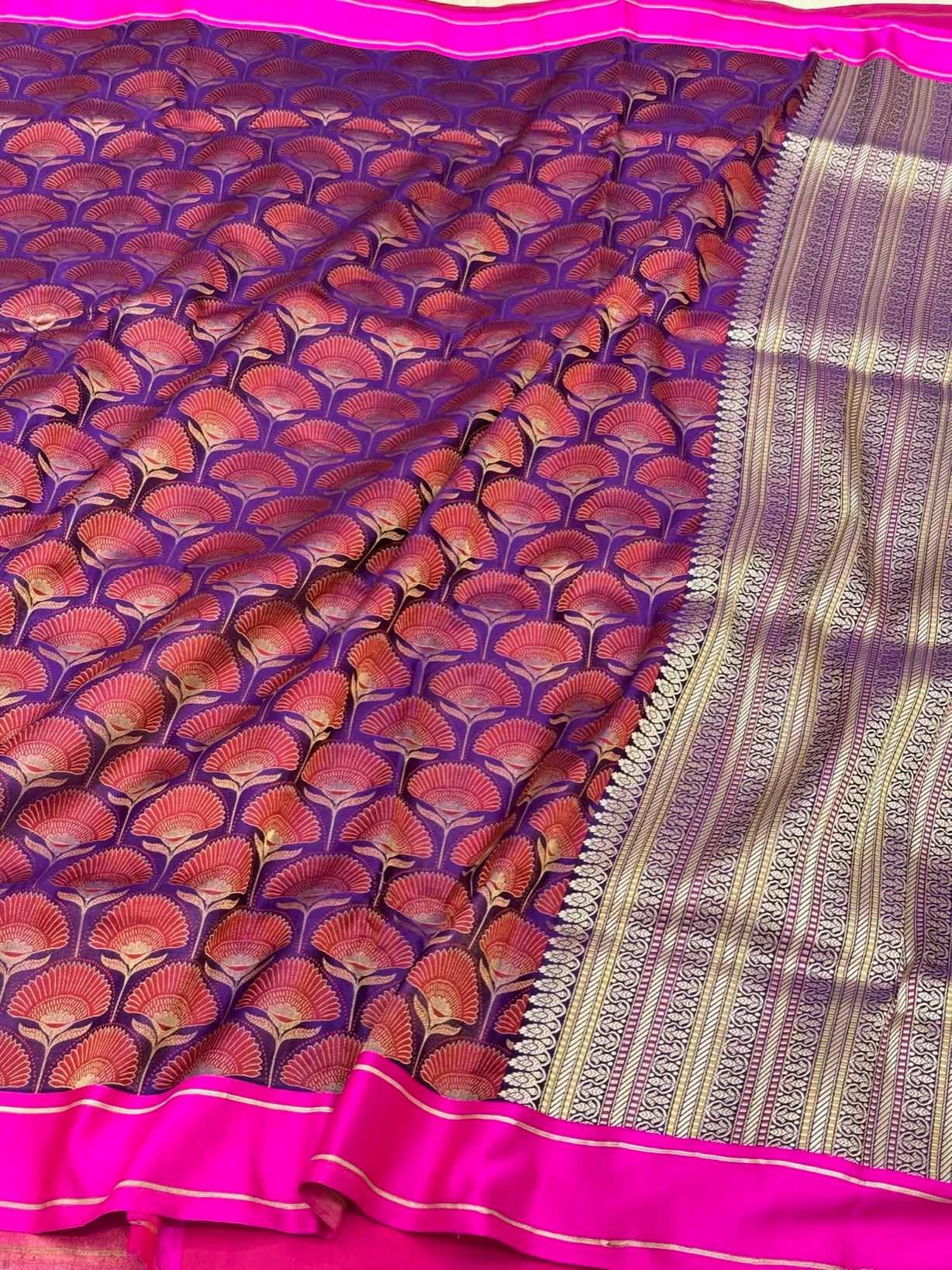 Purple Pure Satin Silk Handwoven | Kadhwa Technique | Tanchoi Banarasi Saree