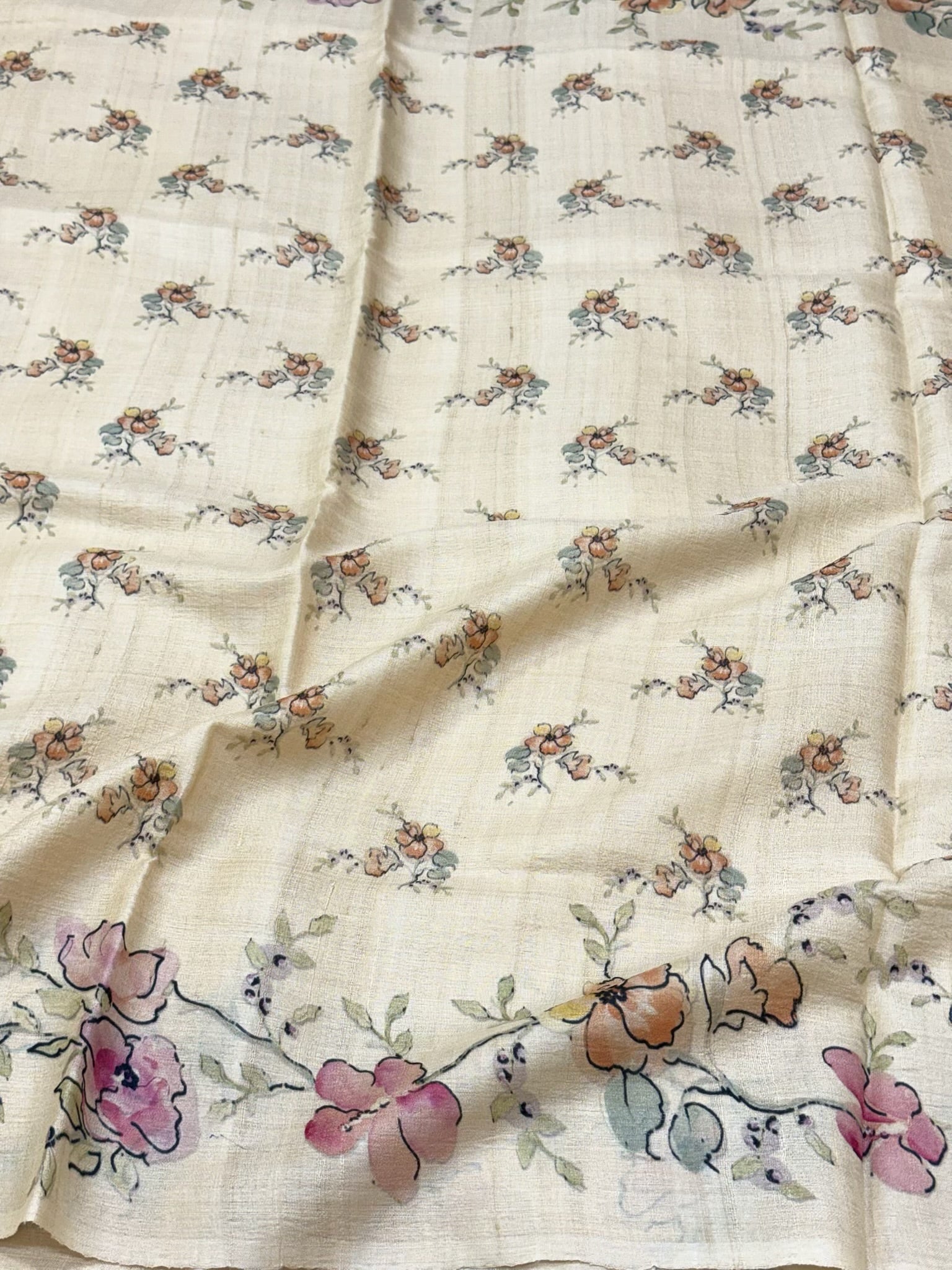 Ivory Pure Tussar Silk Handloom Printed Banarasi Saree - Soft Lightweight Banarasi Saree