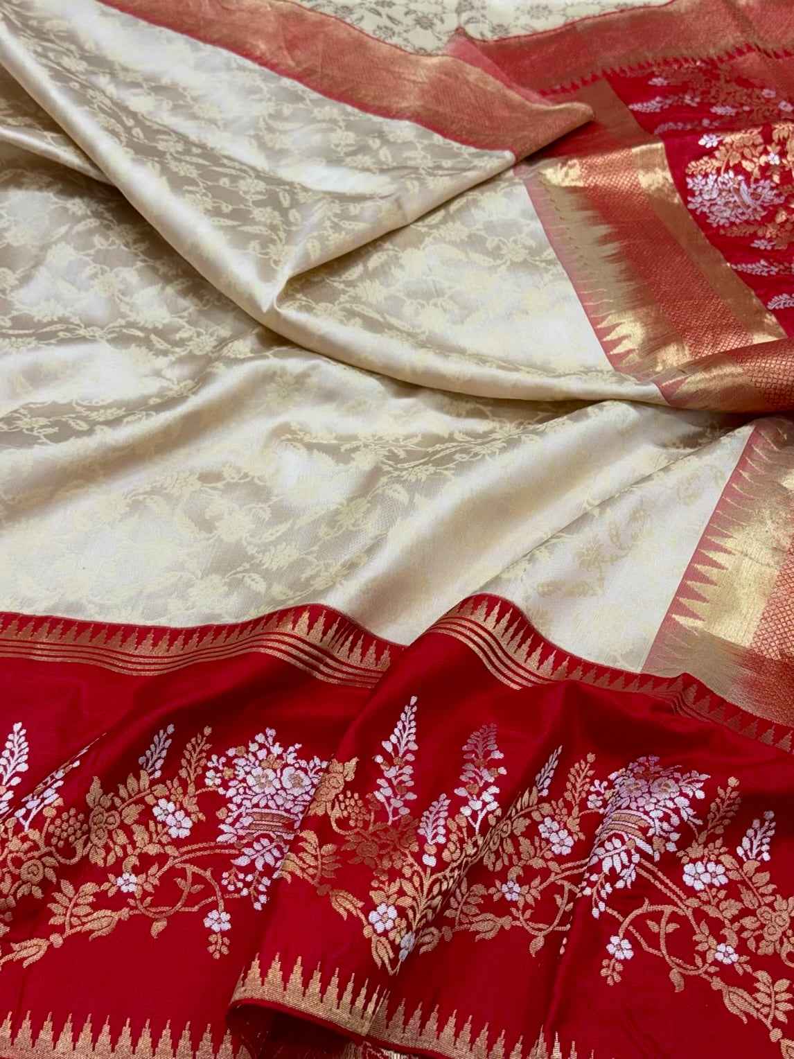 Ivory Pure Katan Silk Saree | Pure Mulberry Silk Handwoven Banarasi Saree
